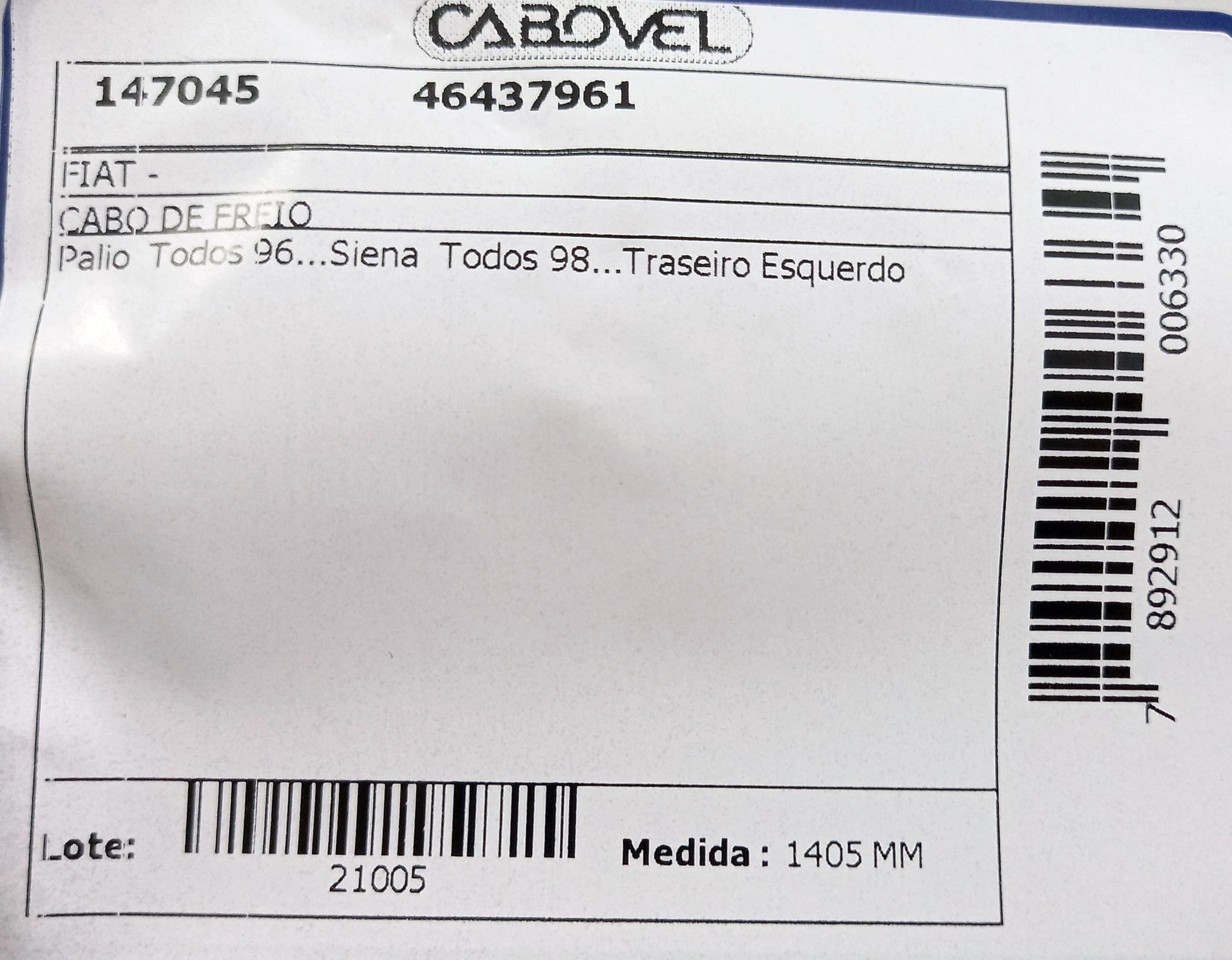 CABO FREIO TRASEIRO LADO ESQUERDO 1405MM FIAT PALIO/SIENA 96/ TODOS