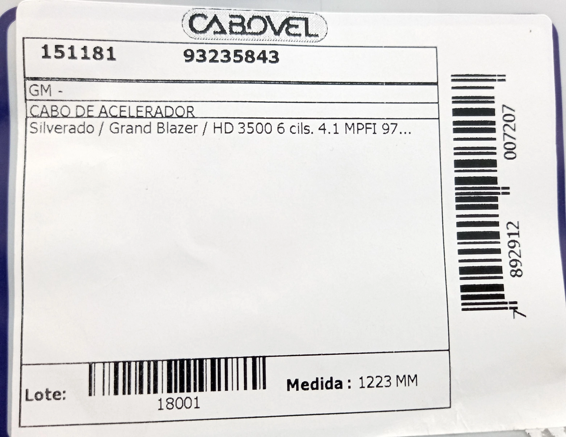 CABO ACELERADOR 1223MM GM SILVERADO/GRAND BLAZER/HD 3500 6 CIL 4.1 MPFI 97/ 1223