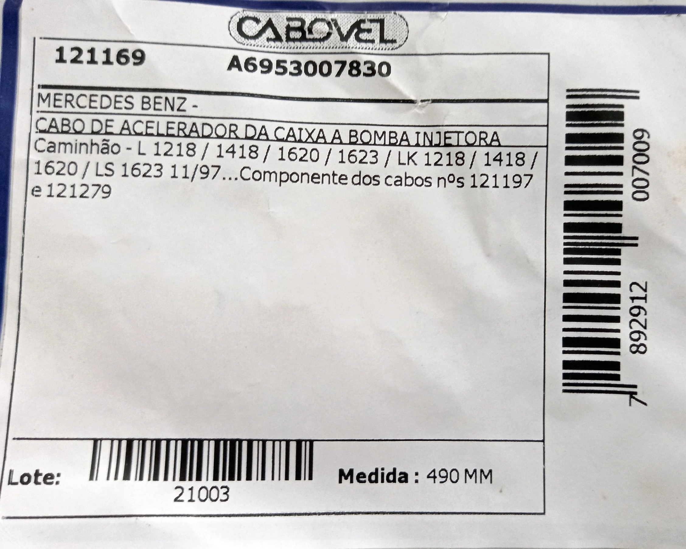 CABO ACELERADOR CAIXA OU BOMBA ÓLEO 490MM MB 1218/1418/1620/1623 MULTI FUNCOES