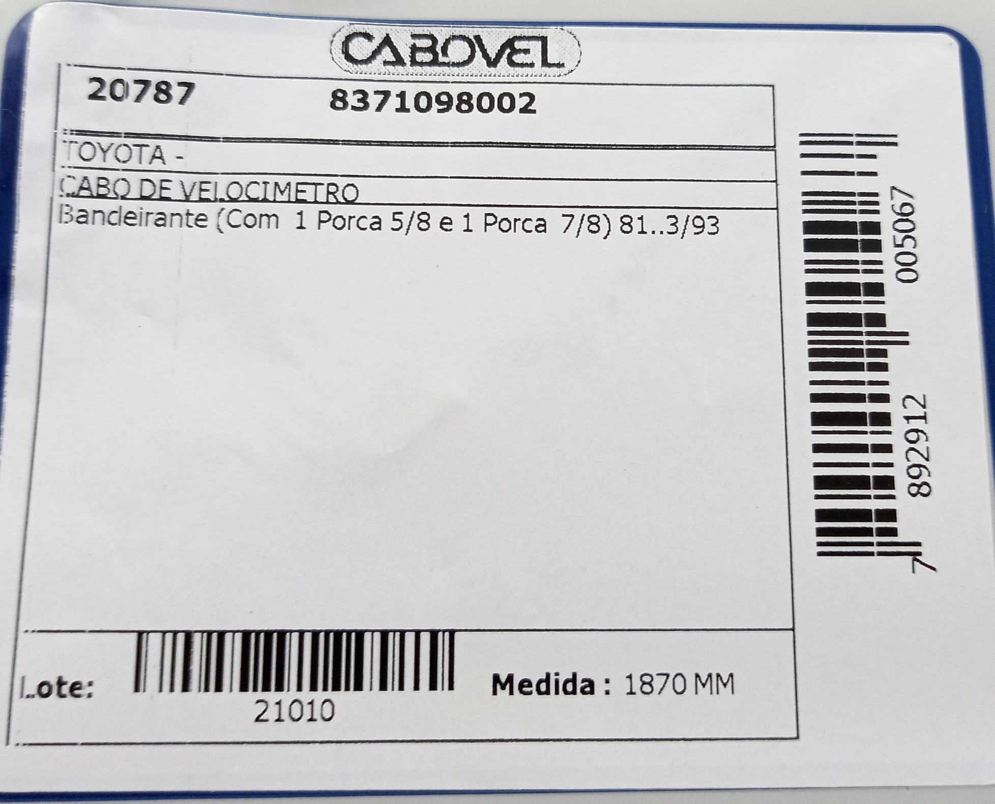 CABO VELOCÍMETRO 1870MM TOYOTA BANDEIRANTE 1981/03.1993 PORCAS 5/8 7/8