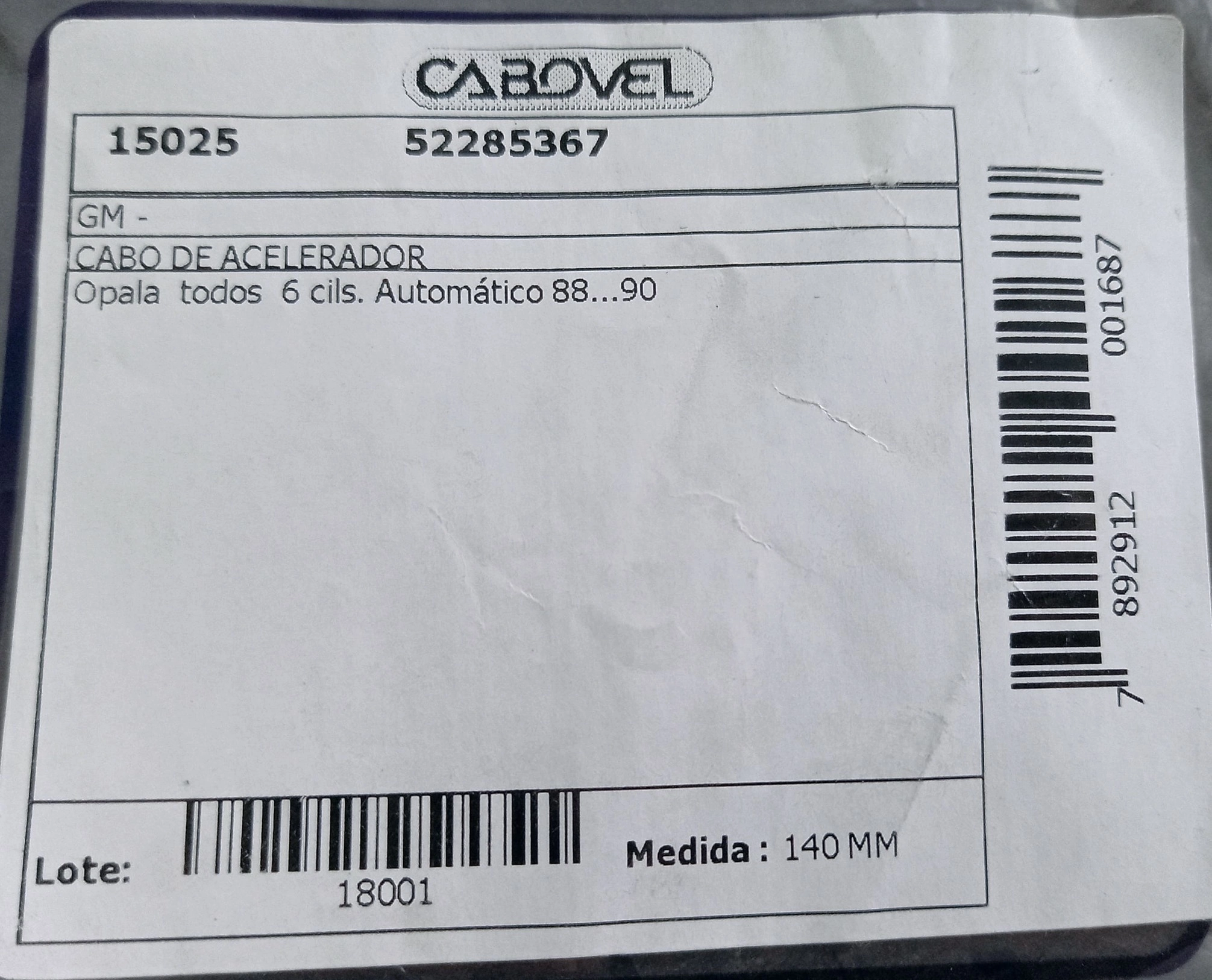 CABO ACELERADOR GM OPALA/CARAVAN TODOS 6 CIL. - AUTOMATICO 88/90 140