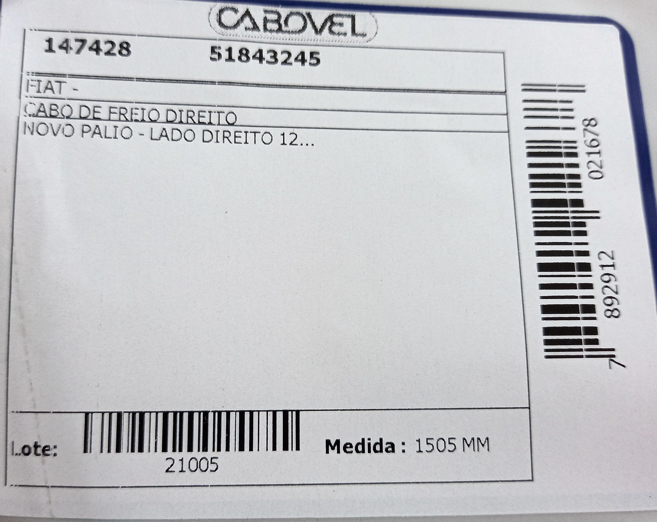 CABO FREIO TRASEIRO DIREITO FIAT NOVO PALIO 2012/ - 1505MM
