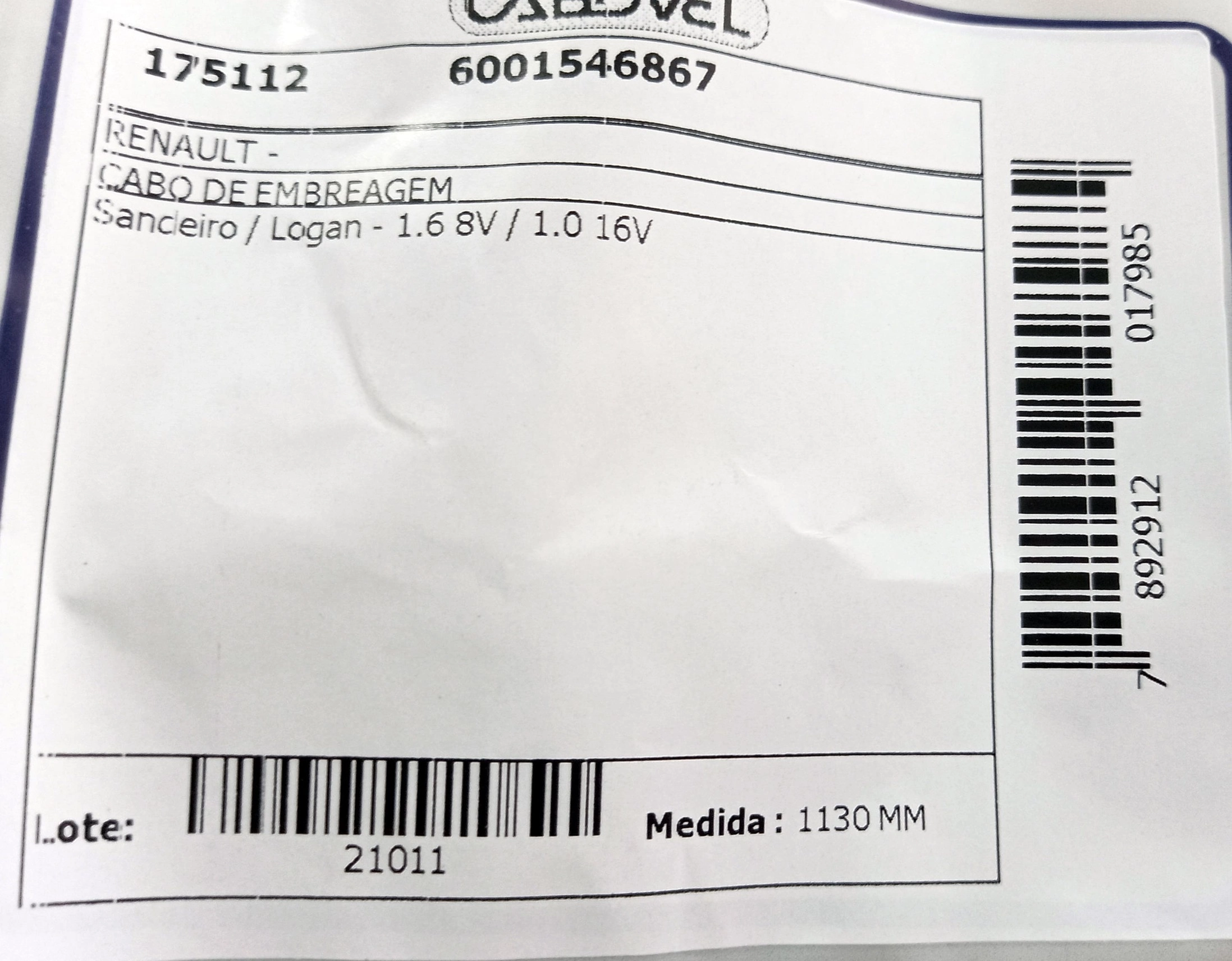 CABO EMBREAGEM RENAULT LOGAN 04/ - SANDERO 1.0 16V - 1.6 8V 2004/ - 1130MM