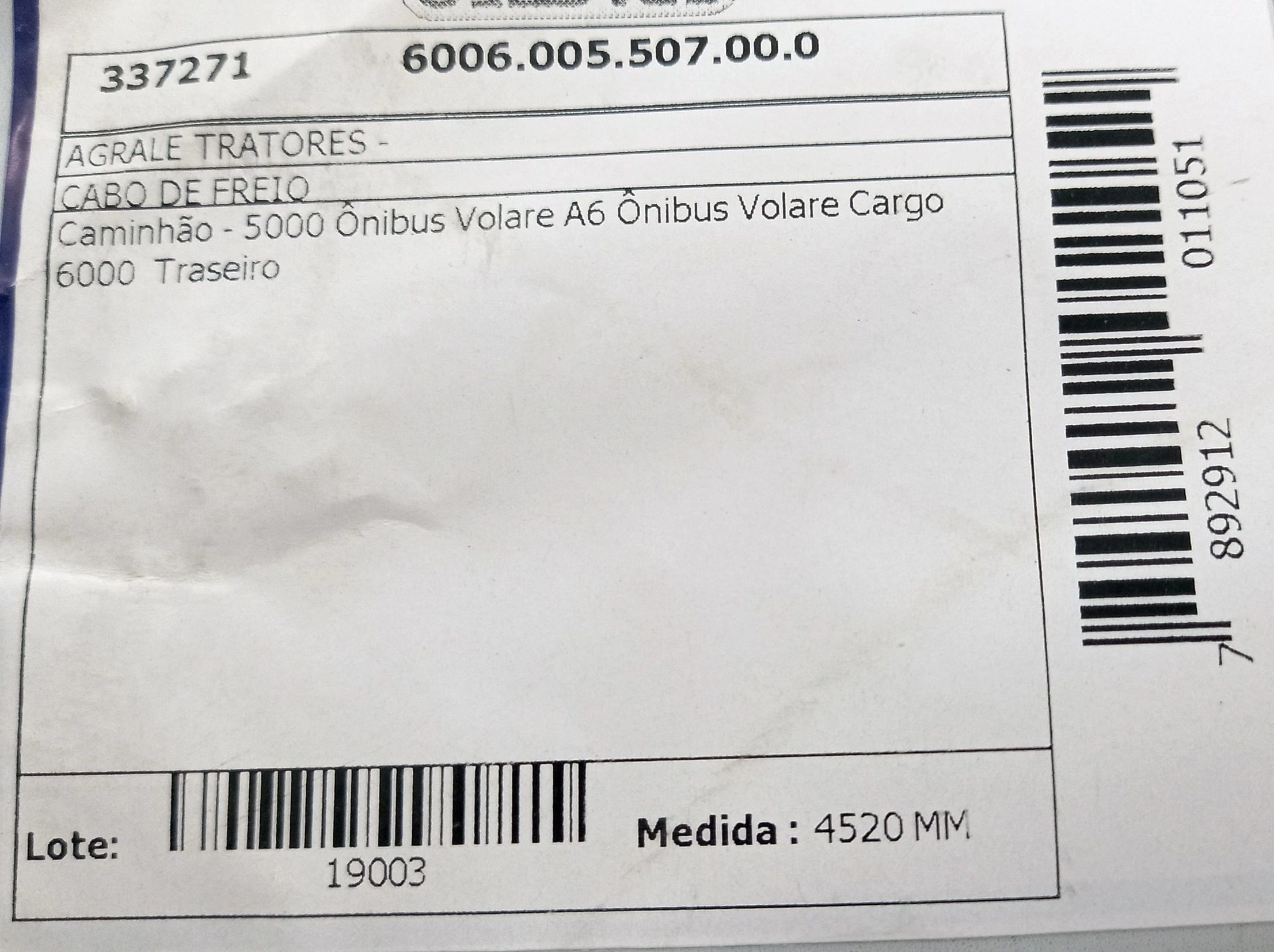 CABO FREIO TRASEIRO 4520MM AGRALE ONIBUS VOLARE A6 CARGO 6000 4520