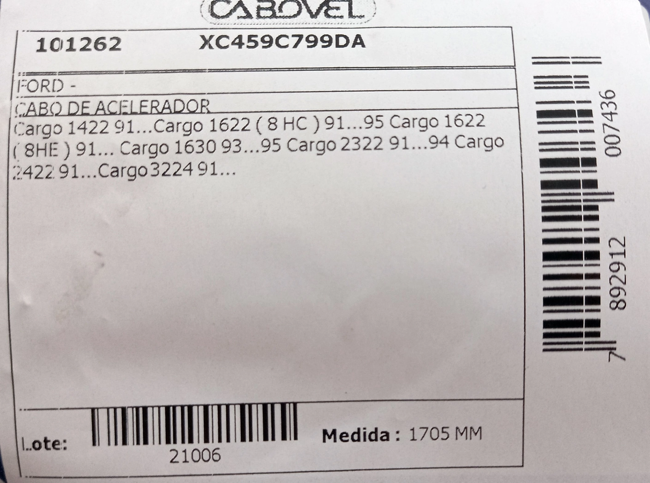 CABO ACELERADOR 1705MM FORD CARGO 1422/1622/1630/2422/3224 8 HC 91/94
