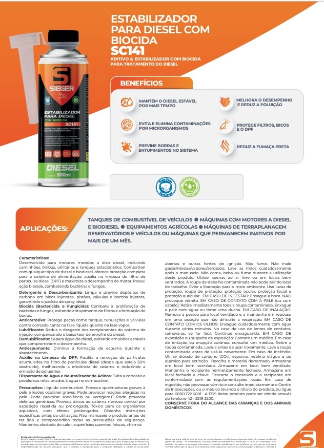 OTIMIZADOR/ESTABILIZADOR DE COMBUSTÍVEL DIESEL COM BIOCIDA SC141 - 100ML