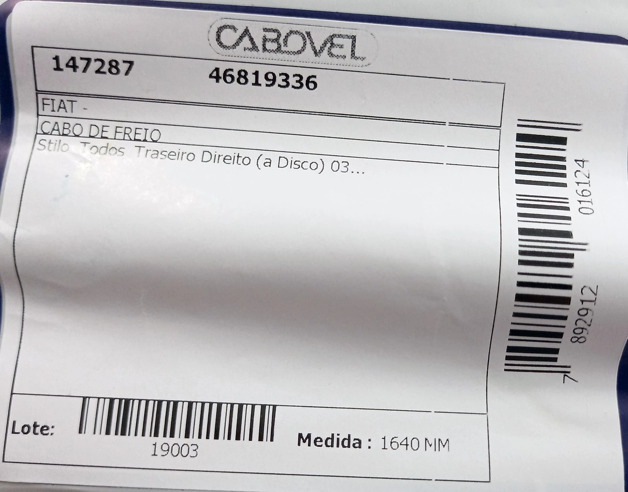 CABO FREIO TRASEIRO DIREITO 1640MM FIAT STILO 2003/ TODOS A DISCO 1640