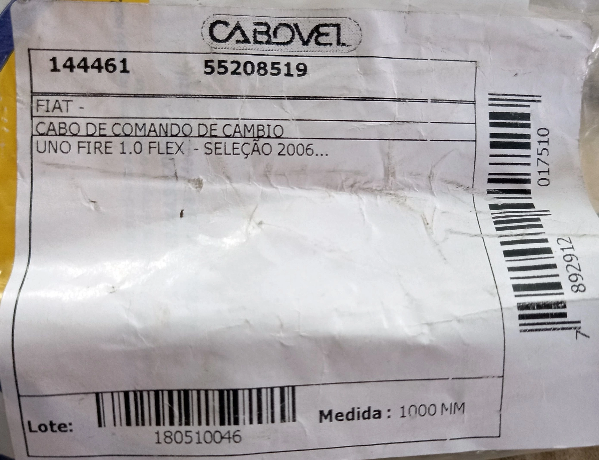 CABO CÂMBIO SELEÇÃO MARCHAS FIAT UNO 2006/ FIRE FLEX - 1000MM