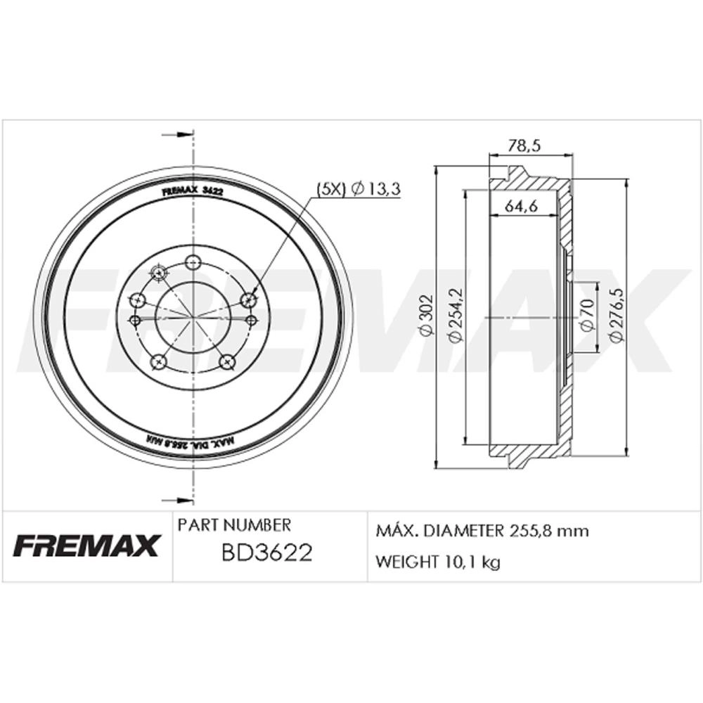 TAMBOR FREIO TRASEIRO SEM CUBO FIAT TORO 1.8 16V 16/ 2.4 17/ GASOLINA 254,20MM INTERNO