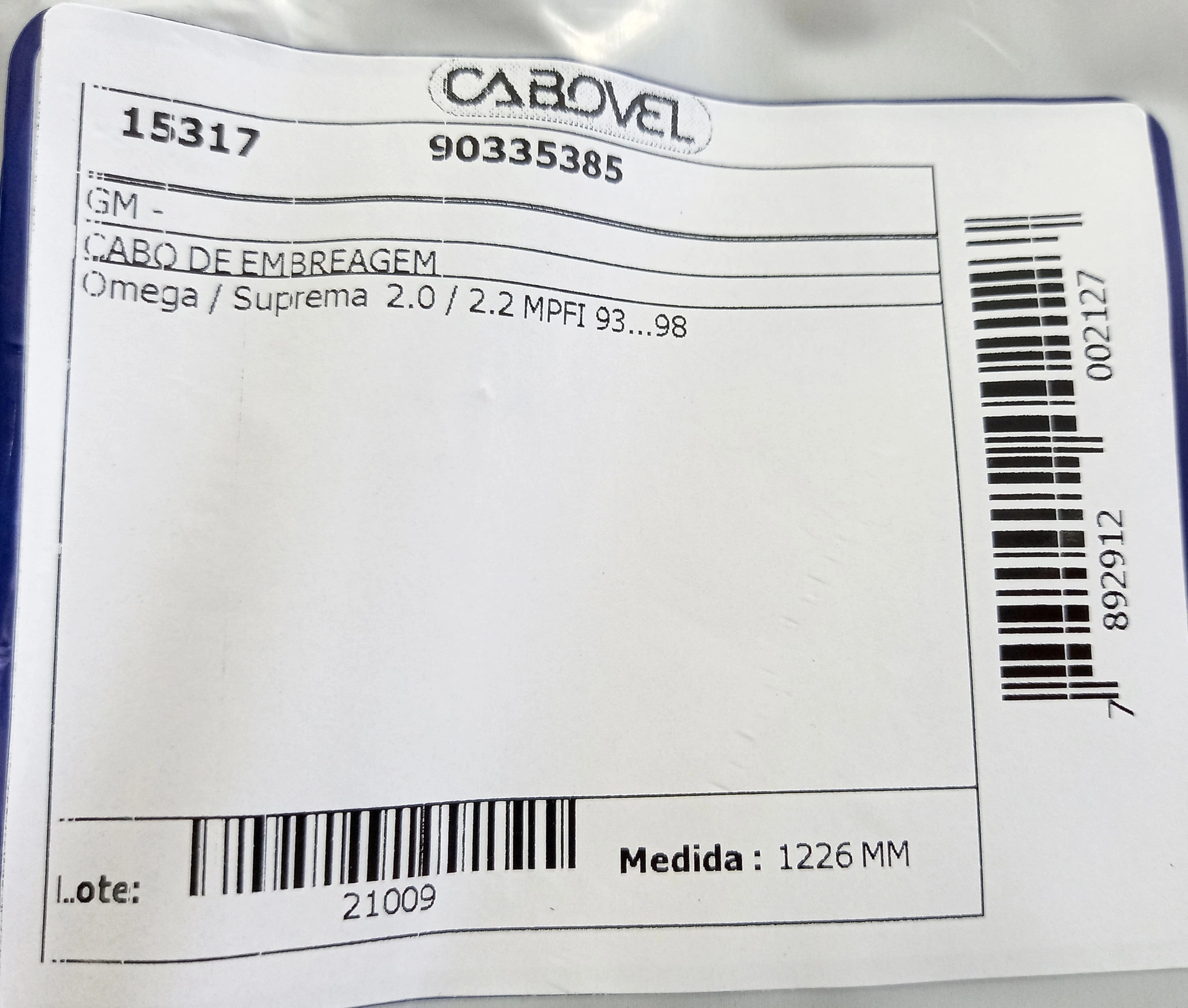 CABO EMBREAGEM 1226MM GM OMEGA/SUPREMA 2.0/2.2 MPFI 1993/1998