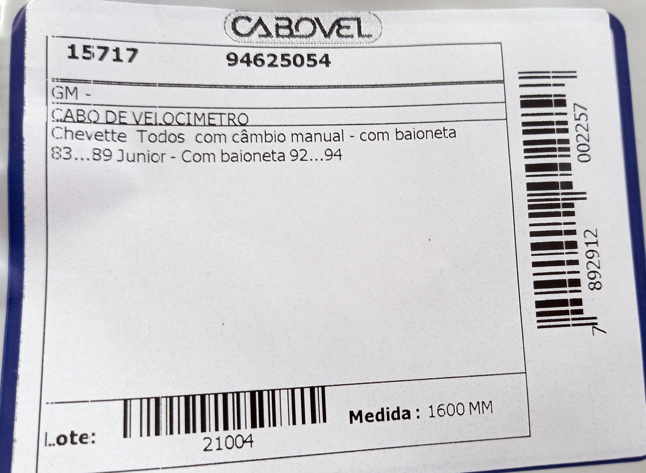 CABO VELOCIMETRO GM CHEVETTE/CHEVY 83/89 TODOS - JUNIOR TODOS 1600 - C/CAMBIO MANUAL
