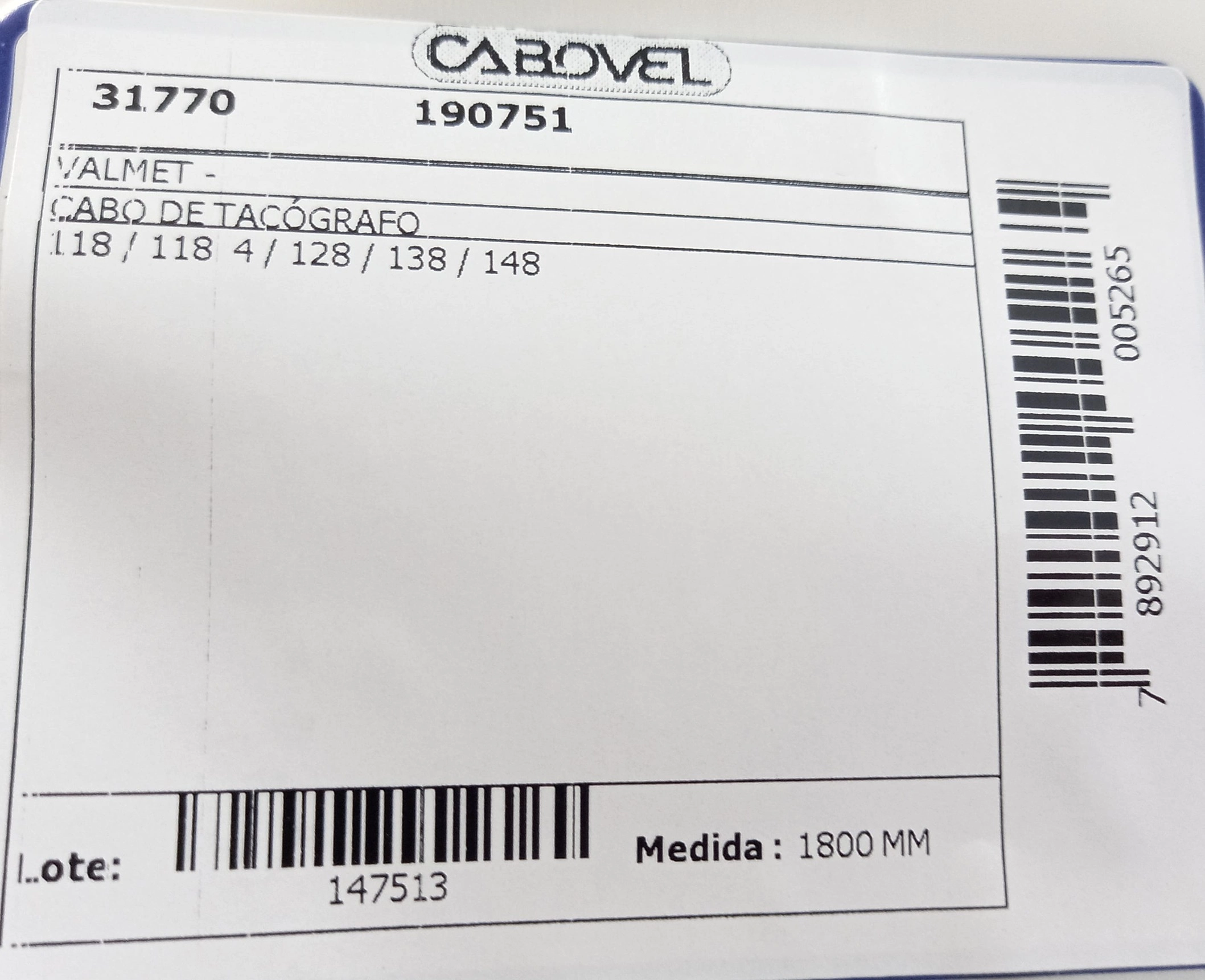 CABO TACOMETRO VALMET 118/118 - 4/128/138/148 1800