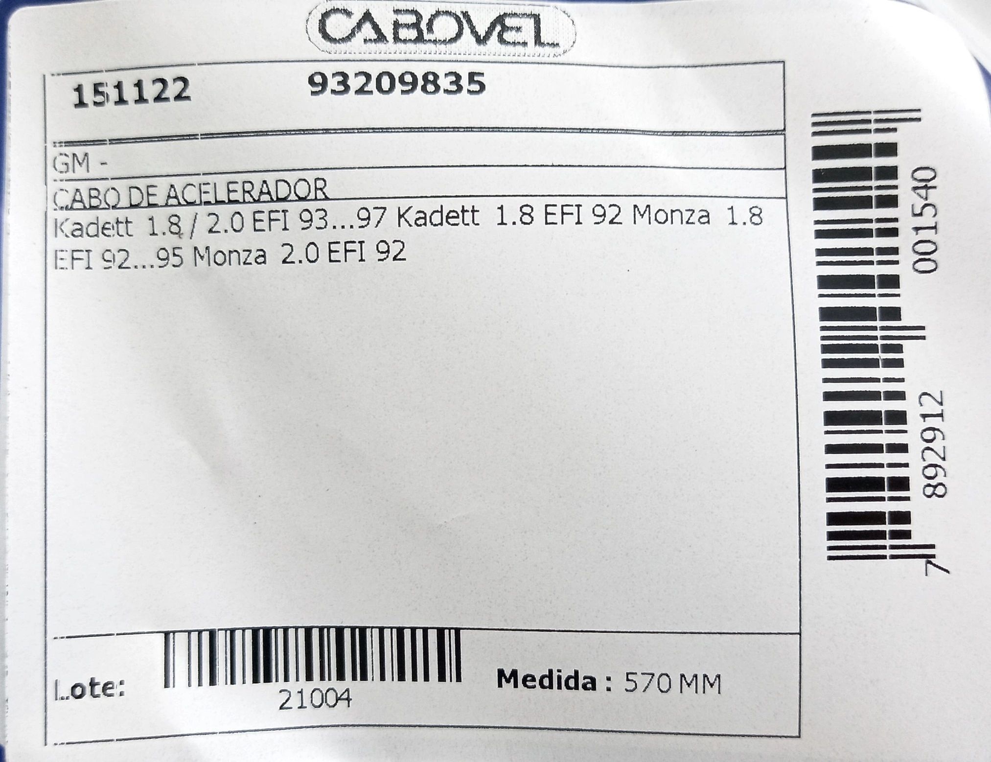 CABO ACELERADOR 570MM GM MONZA/KADETT 1.8/2.0 EFI 92/97 570