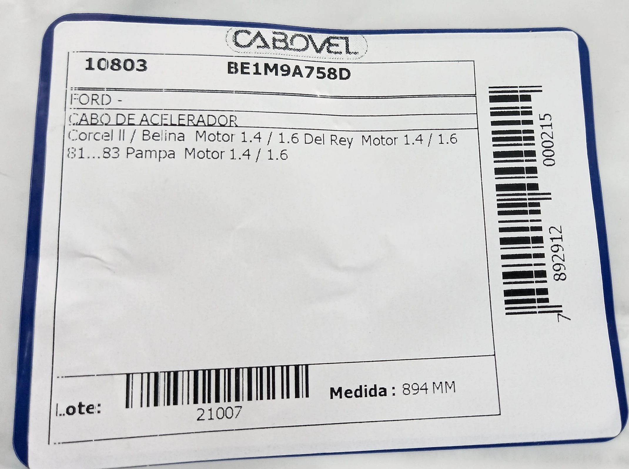 CABO ACELERADOR 894MM FORD CORCEL II/BELINA II/DEL REY/PAMPA MOTOR 1.4/1.6 81/83