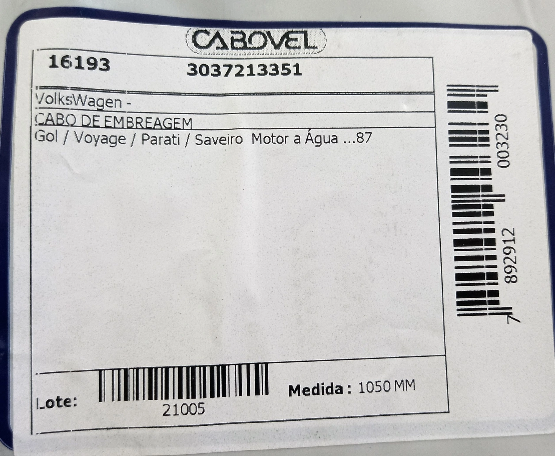 CABO EMBREAGEM VW GOL/VOYAGE/PARATI/SAVEIRO - MOTOR A AGUA/87 1050