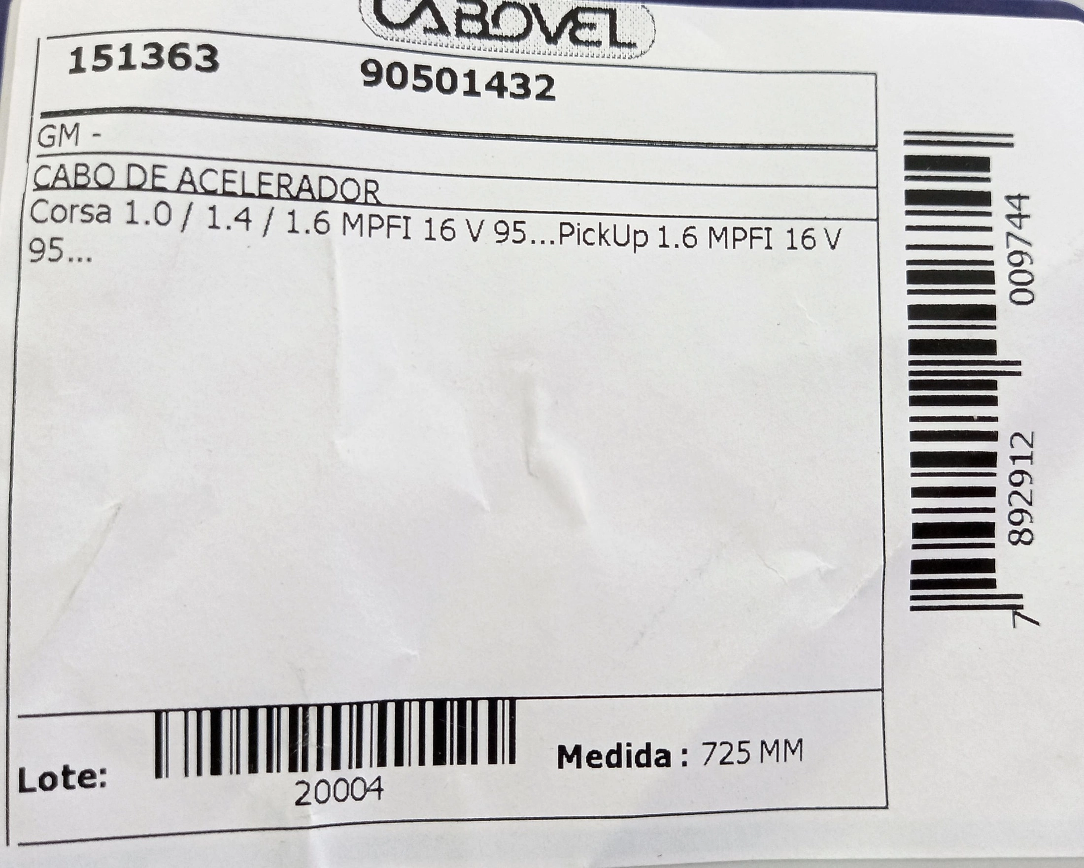 CABO ACELERADOR 725MM GM CORSA 1.0/1.6 95/ 16V MPFI 725