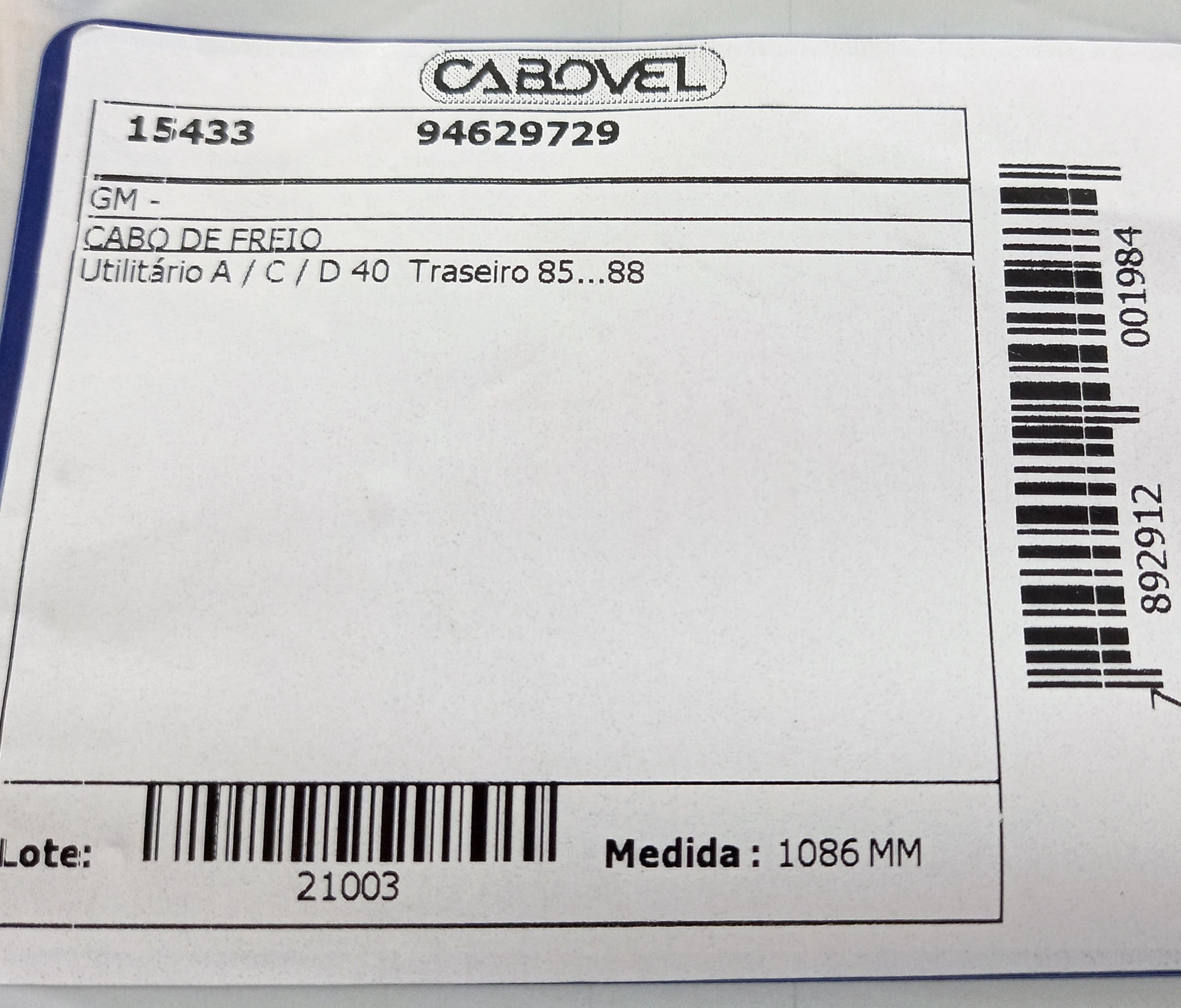 CABO FREIO TRASEIRO 1086MM GM A/C/D-40 85/88 1086