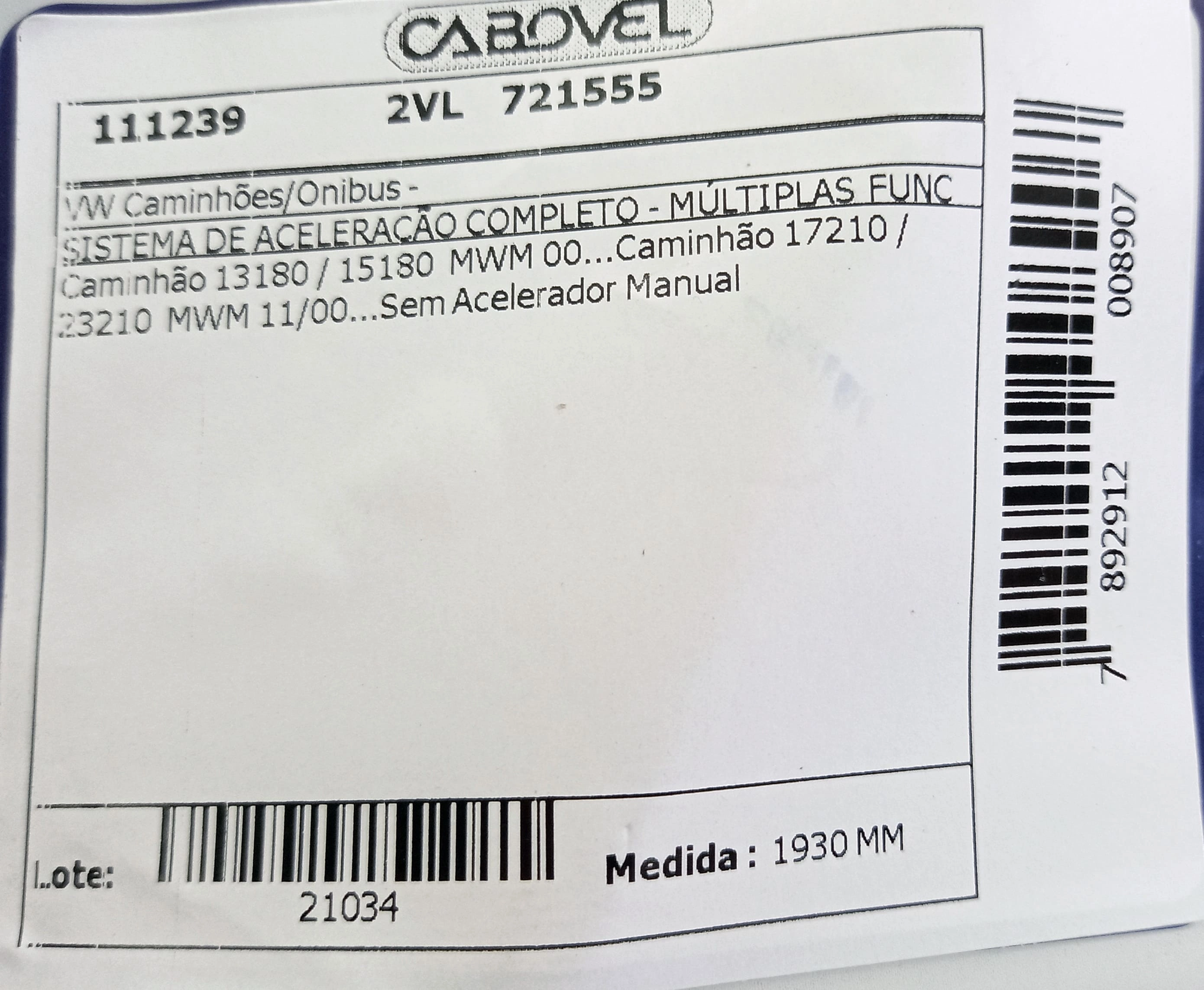 CABO ACELERADOR VW 13.180/15.180/17.210/23.210 2000/ MWM - COMP. S/ACEL. MANUAL 1930MM