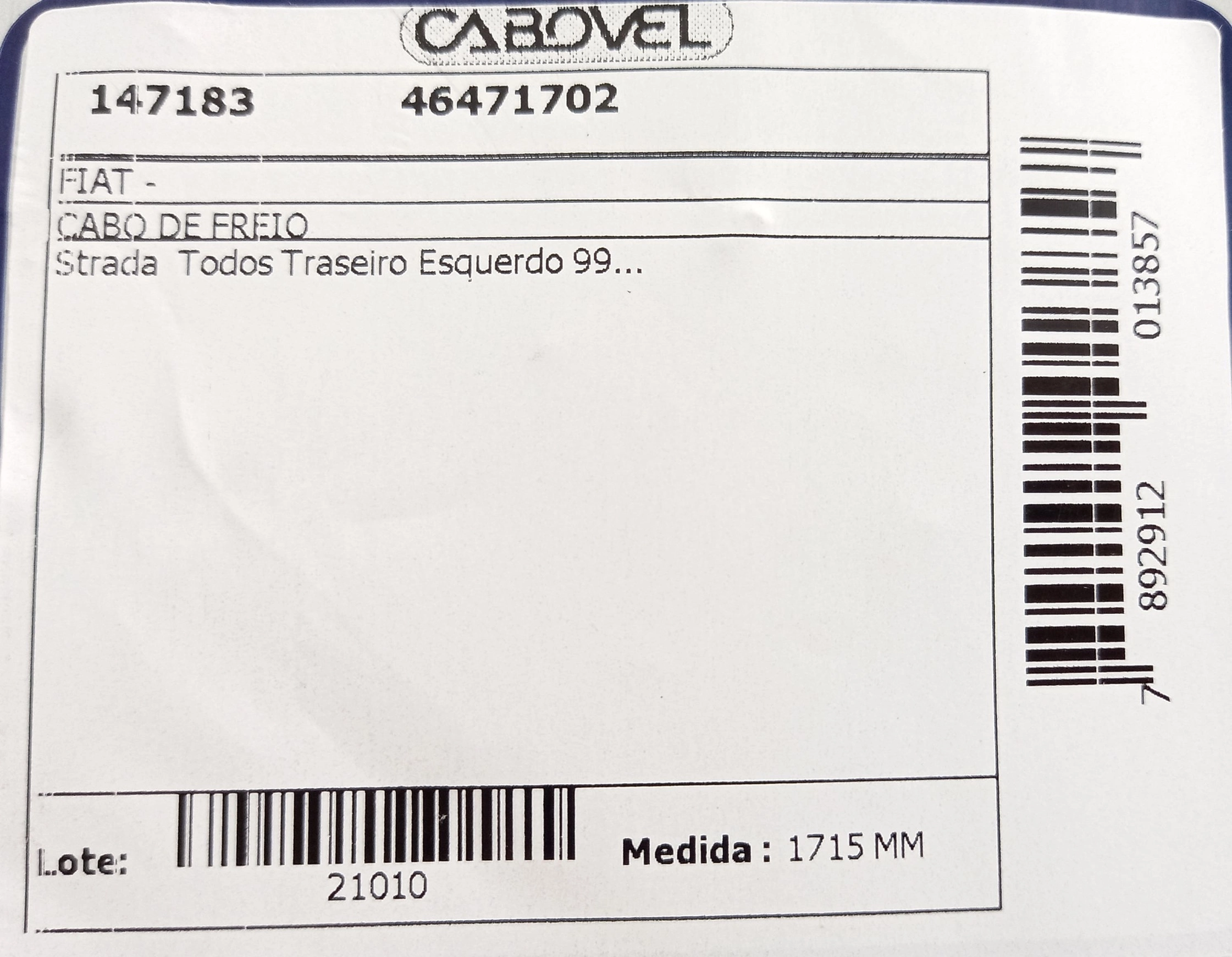 CABO FREIO TRASEIRO ESQUERDO 1715MM FIAT STRADA TODOS 99/ 1715