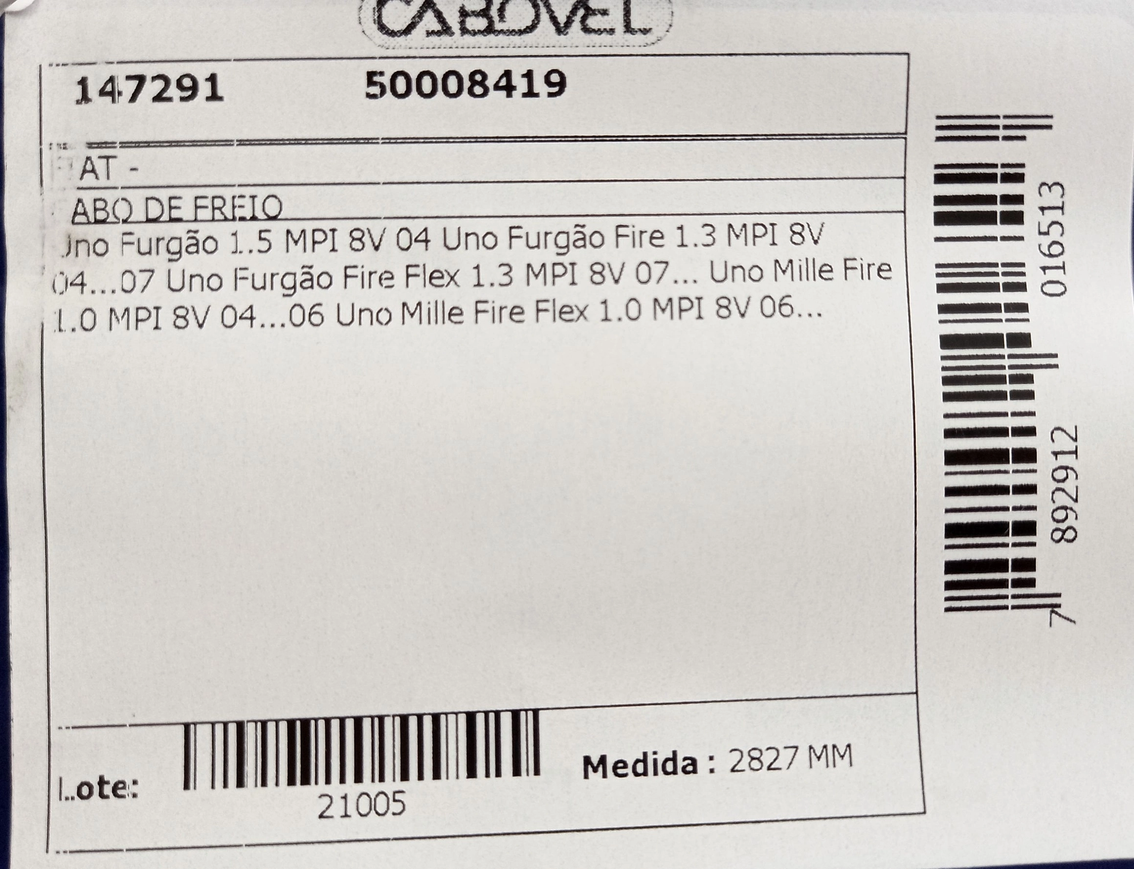 CABO FREIO TRASEIRO 2827MM FIAT UNO/FURGONETA 1.0/1.3 8V 2004/ FIRE 2827