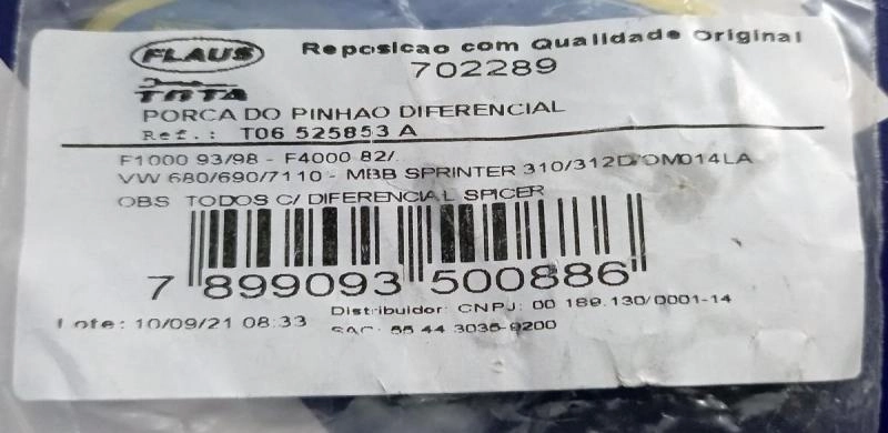 PORCA PINHÃO DO DIFERENCIAL FORD F-1000 1993/1998 - VW 680/690/7110 - MB SPRINTER 310/312D