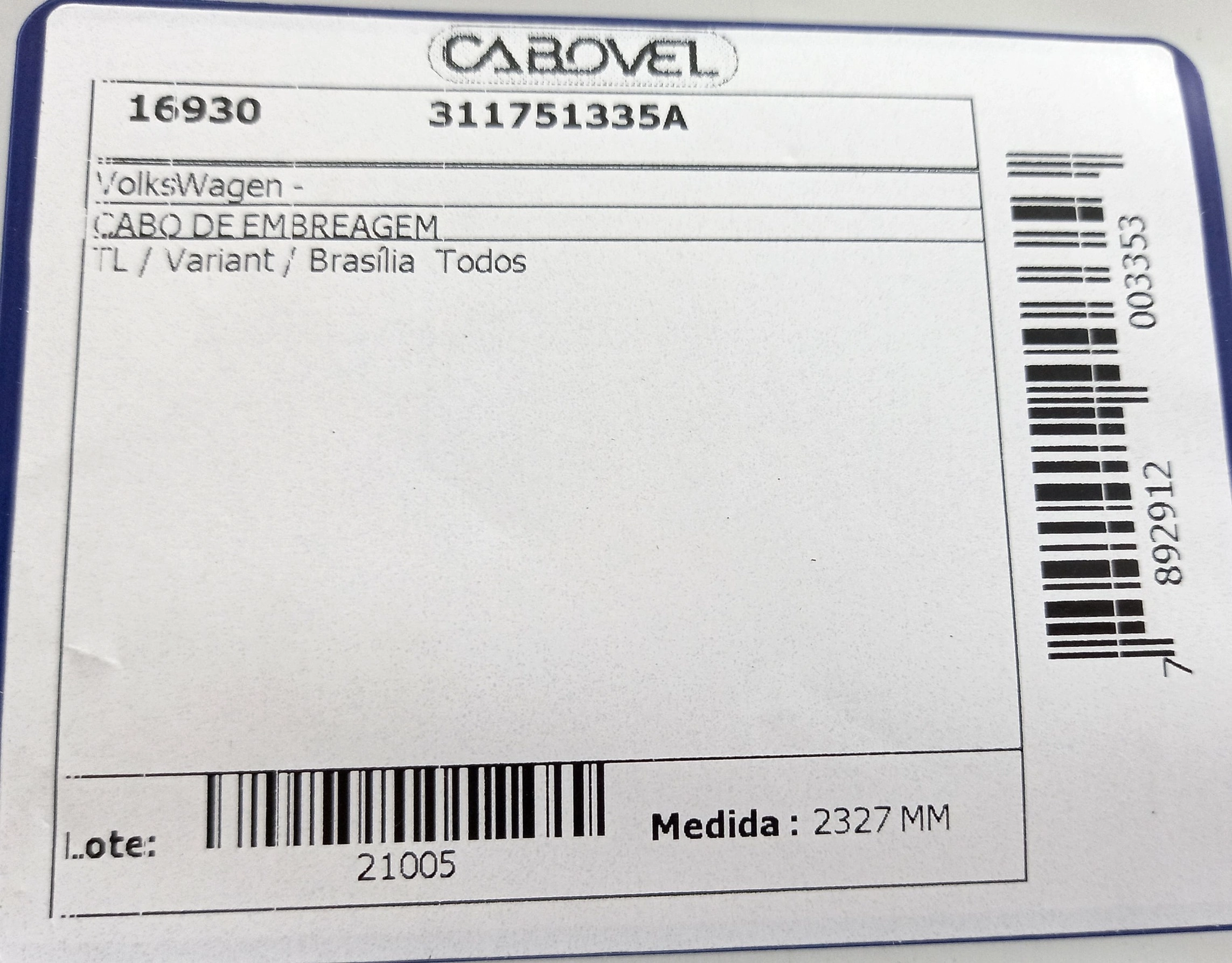 CABO DE EMBREAGEM VW TL/VARIANT/BRASILIA TODOS - 2327MM - USA PORCA BORBOLETA CBV16.937