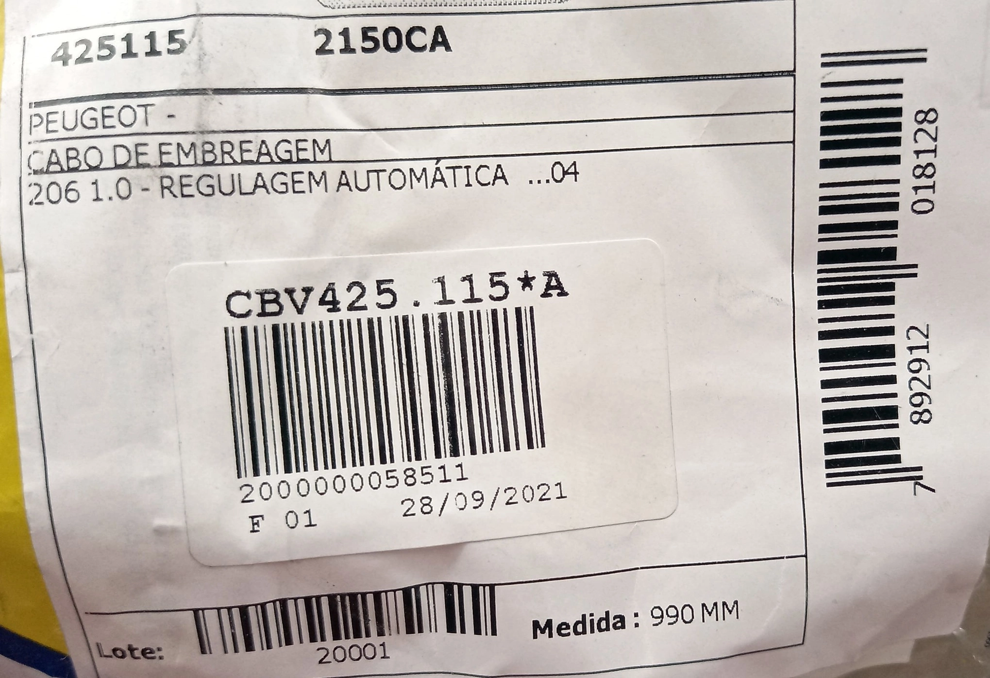 CABO EMBREAGEM PEUGEOT 206 1.0 16V 2000/2005 - REGULAGEM AUTOMATICA