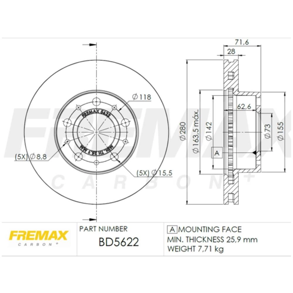 DISCO FREIO DIANTEIRO VENTILADO 280MM 5 FUROS FIAT DUCATO/PEUGEOT BOXER/CITROEN JUMPER 09/