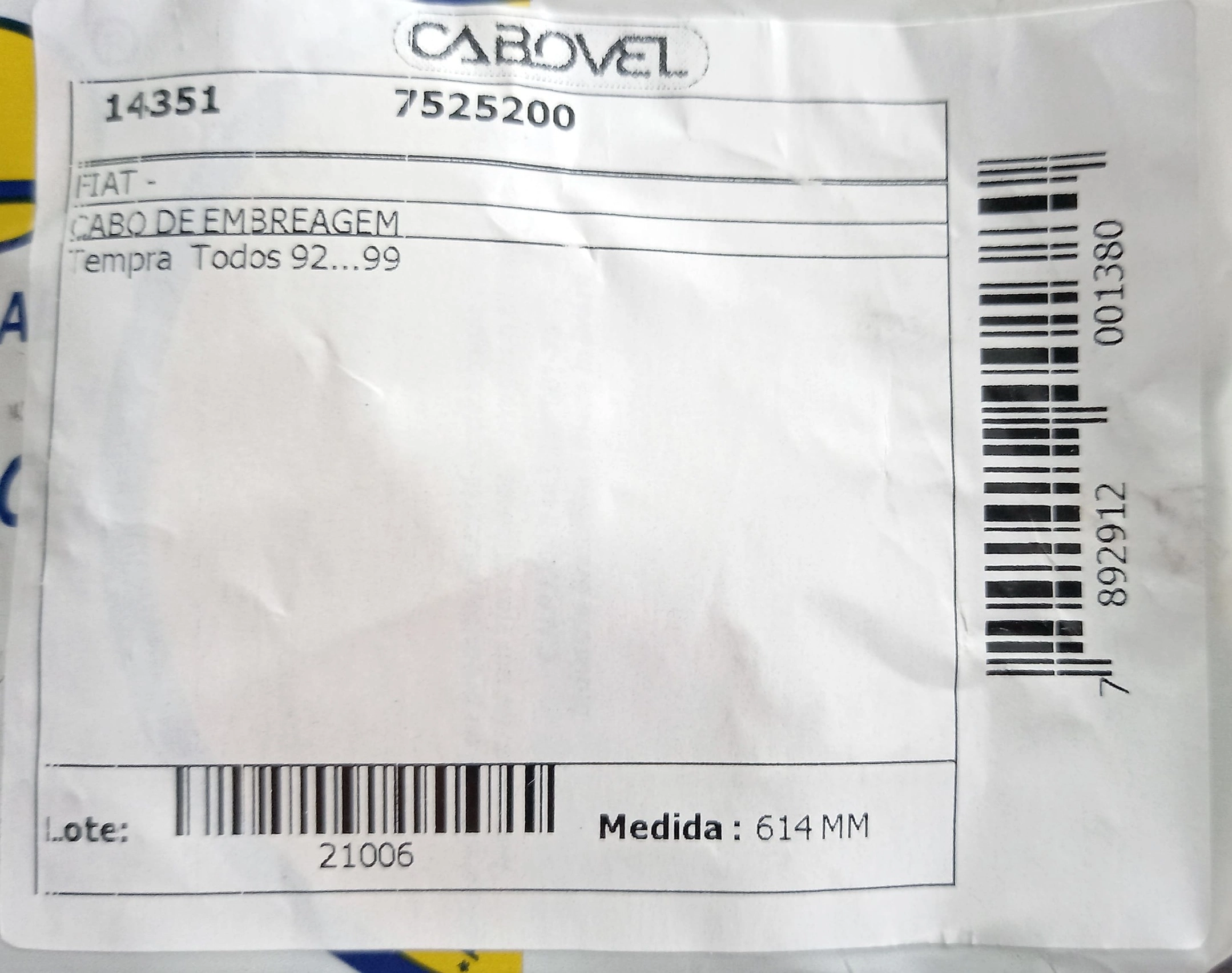 CABO EMBREAGEM 614MM FIAT TEMPRA 1992/19999