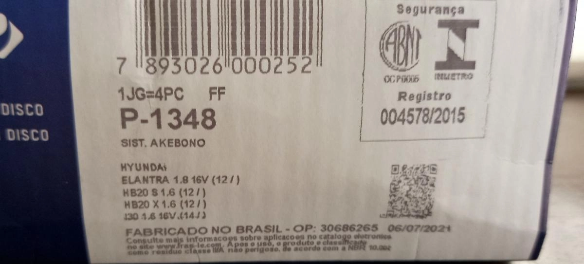 PASTILHA DE FREIO DIANTEIRA HYUNDAI VELOSTER 2011/ - HB20 1.6 2012/ - I30 2013/