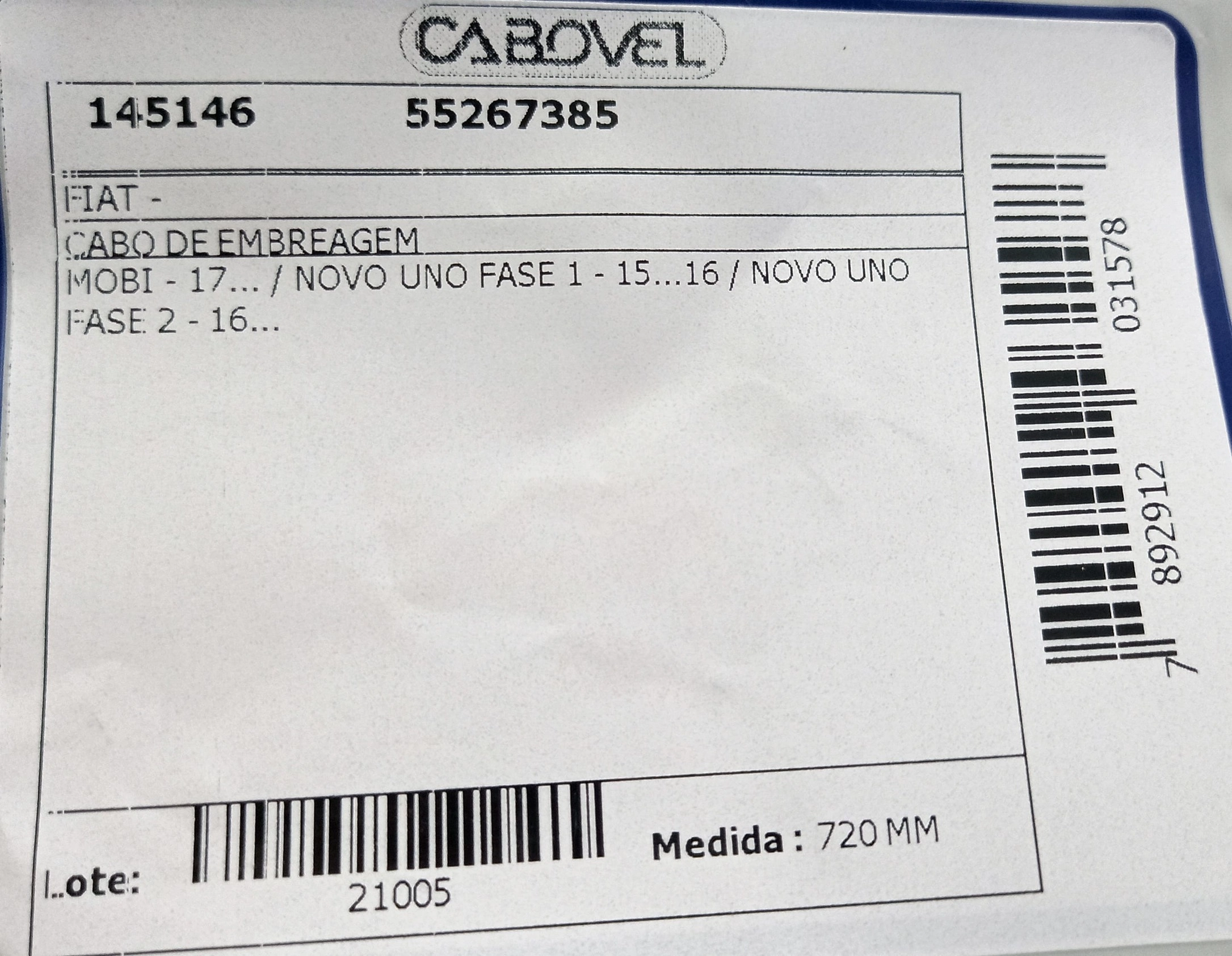 CABO DE EMBREAGEM FIAT MOBI 2017/ - NOVO UNO 2016/ - 720MM