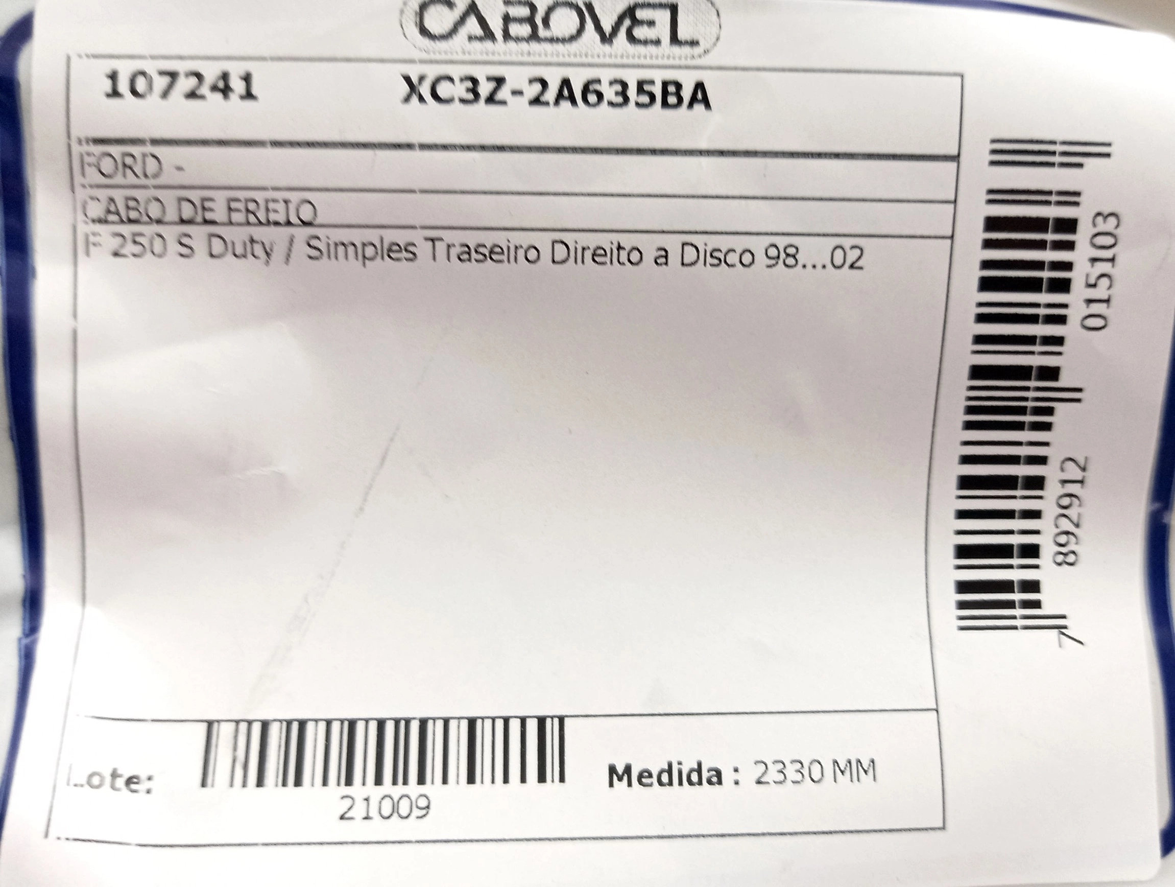 CABO FREIO TRASEIRO DIREITO 2330MM FORD F-250 98/08.2002 DIRETO
