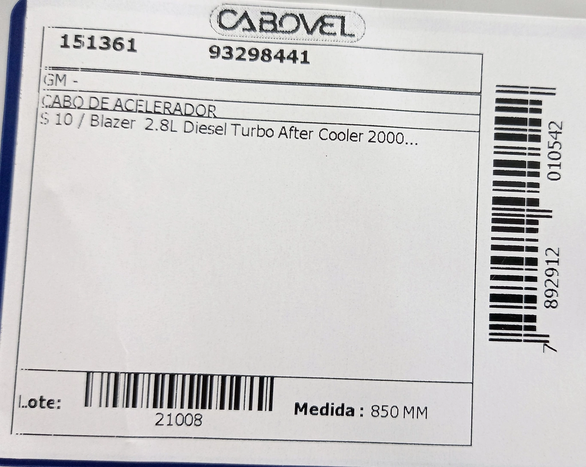 CABO ACELERADOR 850MM GM S-10/BLAZER 2.8L DIESEL TURBO AFTER COOLER 2000/