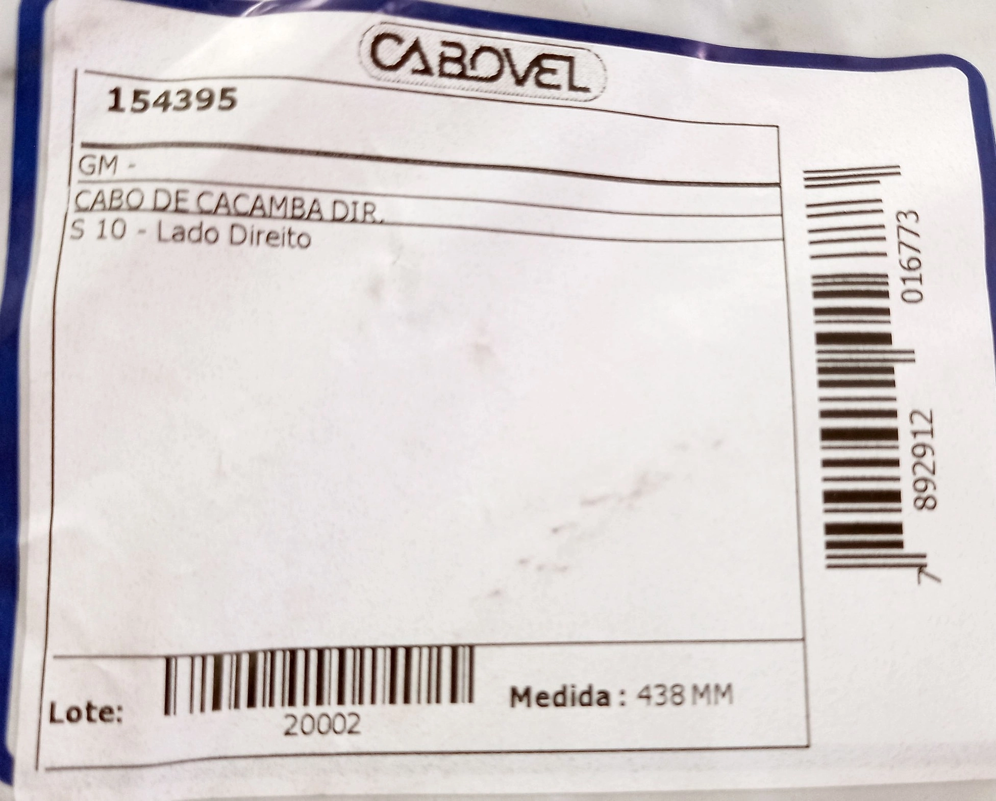 CABO TAMPA TRASEIRA DIREITO GM S-10 1995/ - 438MM