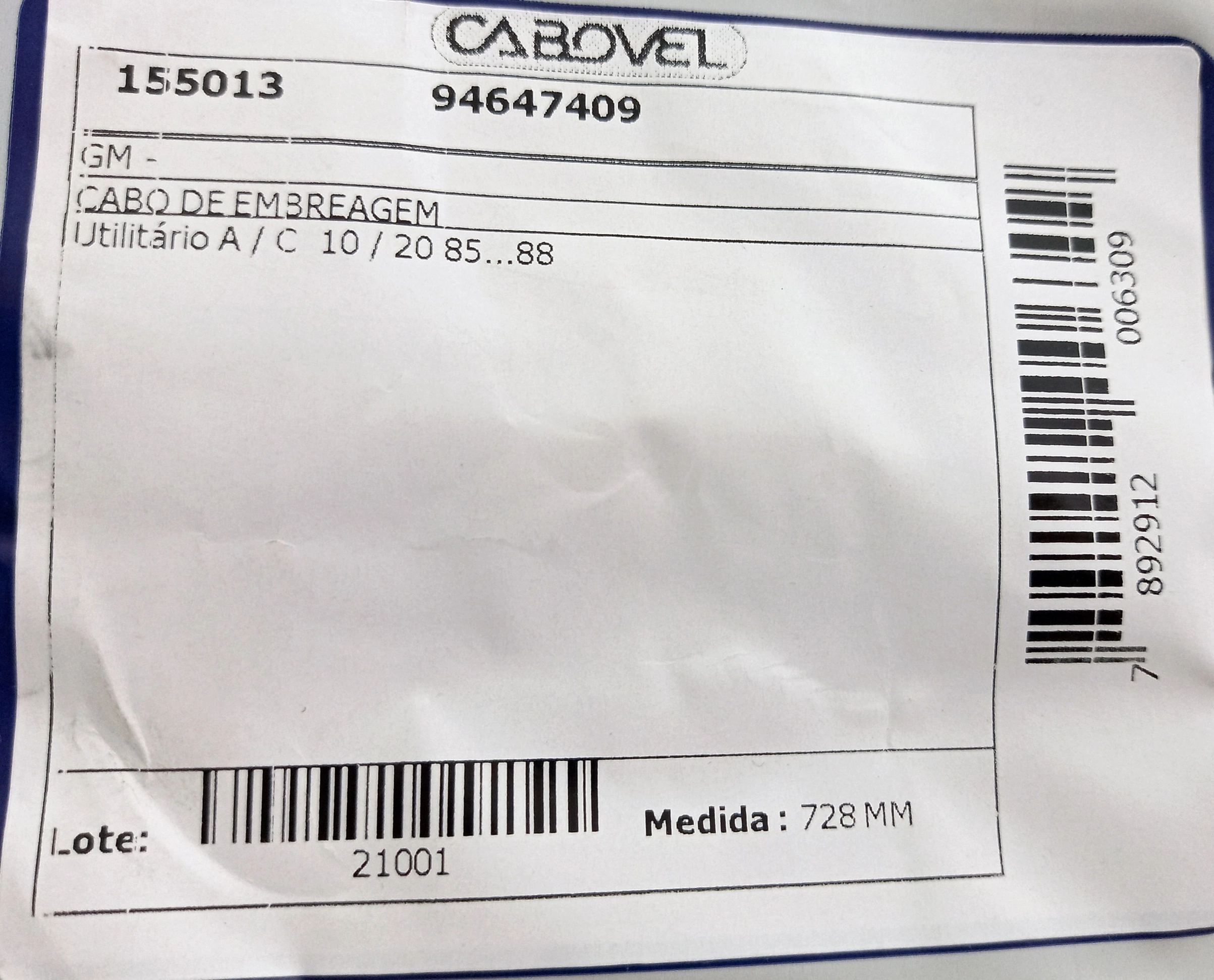 CABO DE EMBREAGEM GM A-10/C-10/A-20/C-20 1985/1988 - 728MM