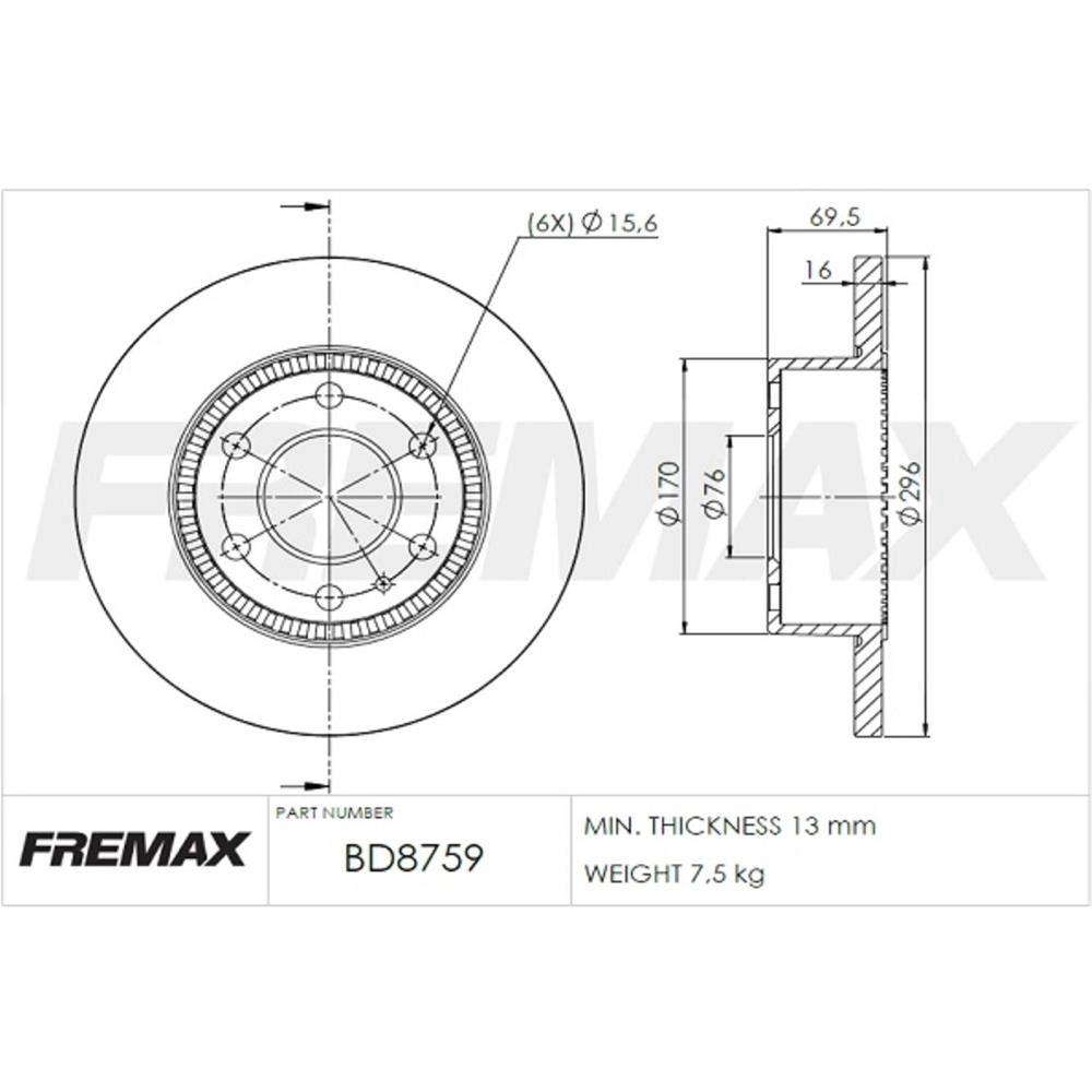 DISCO FREIO TRASEIRO SÓLIDO 296MM 6 FUROS IVECO DAILY 30S13/35S14/55C17/70C17 2012/ SOLIDO