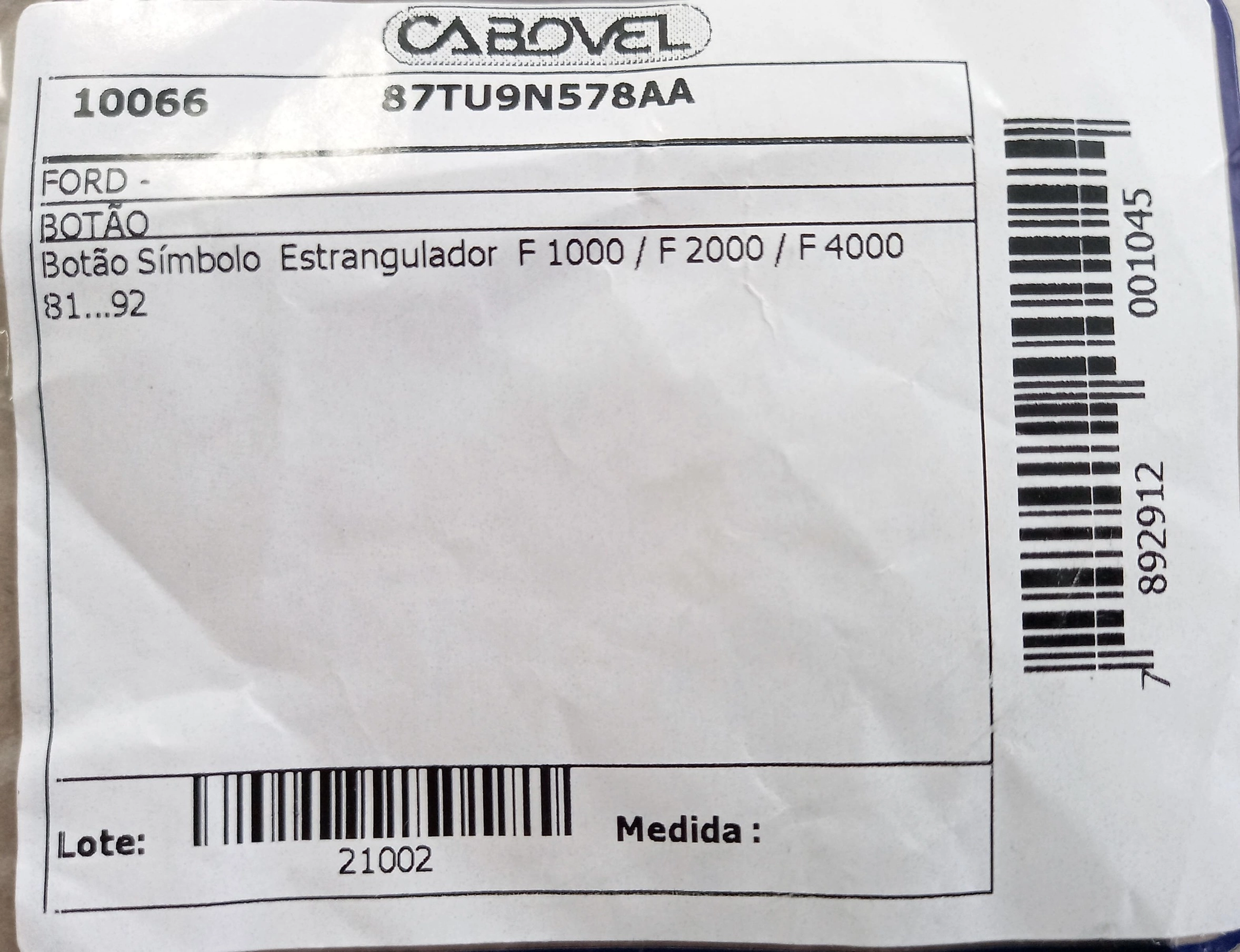 BOTAO CABO DO ESTRANGULADOR TOYOTA BANDEIRANTE FORD F-1000/2000/4000 1981/1992