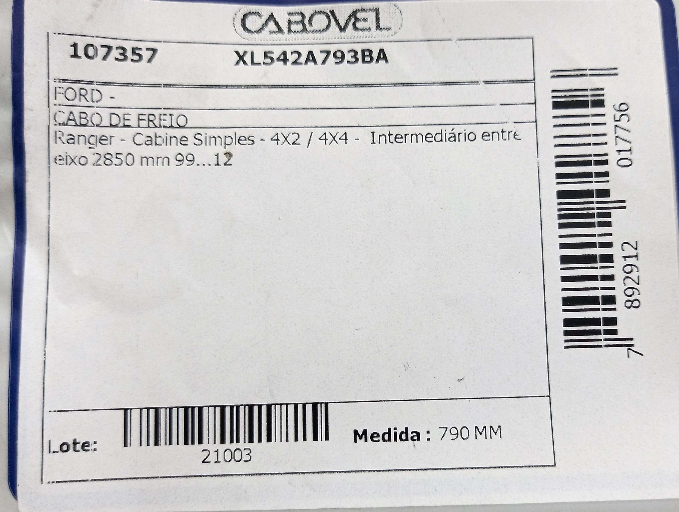 CABO FREIO INTERMEDIARIO - FORD RANGER CABINE SIMPLES 1999/2012 - 790MM