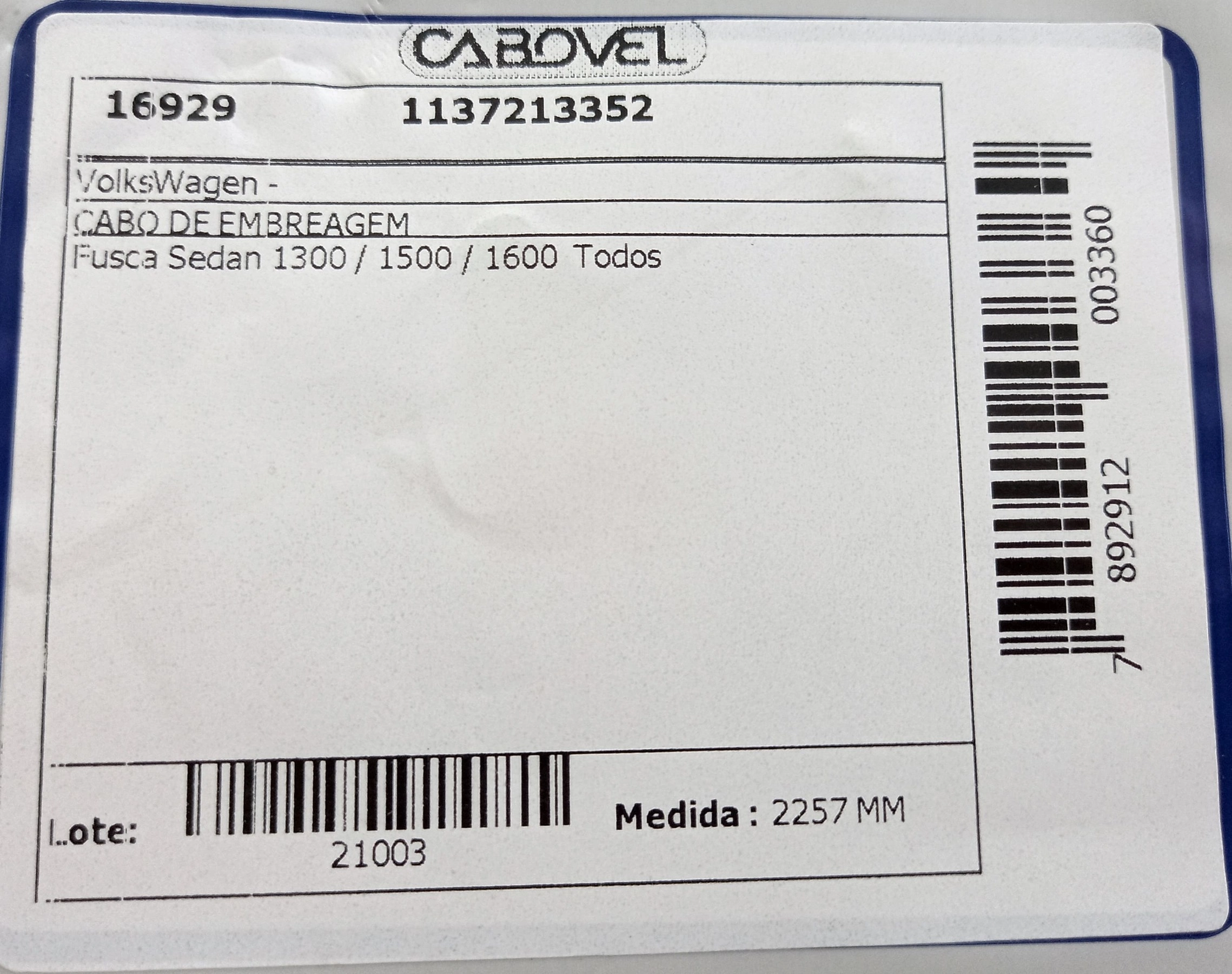 CABO EMBREAGEM 2257MM VW FUSCA 1300/1500/1600 TODOS 2257
