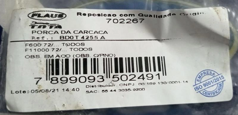 PORCA DA CARCAÇA TRASEIRA - FORD F600 72/ - F11000 - TODOS - COM PINO