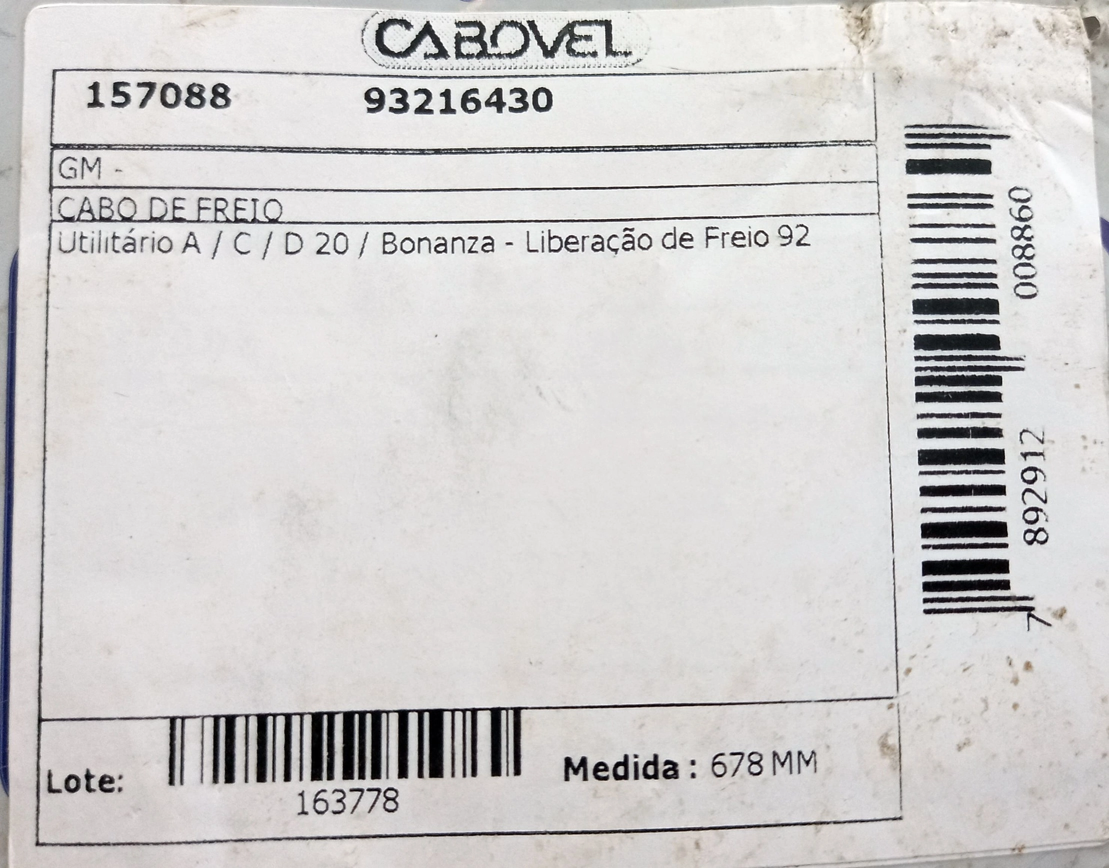 CABO LIBERAÇÃO FREIO 678MM GM A/C/D-20 BONANZA 1992/1992