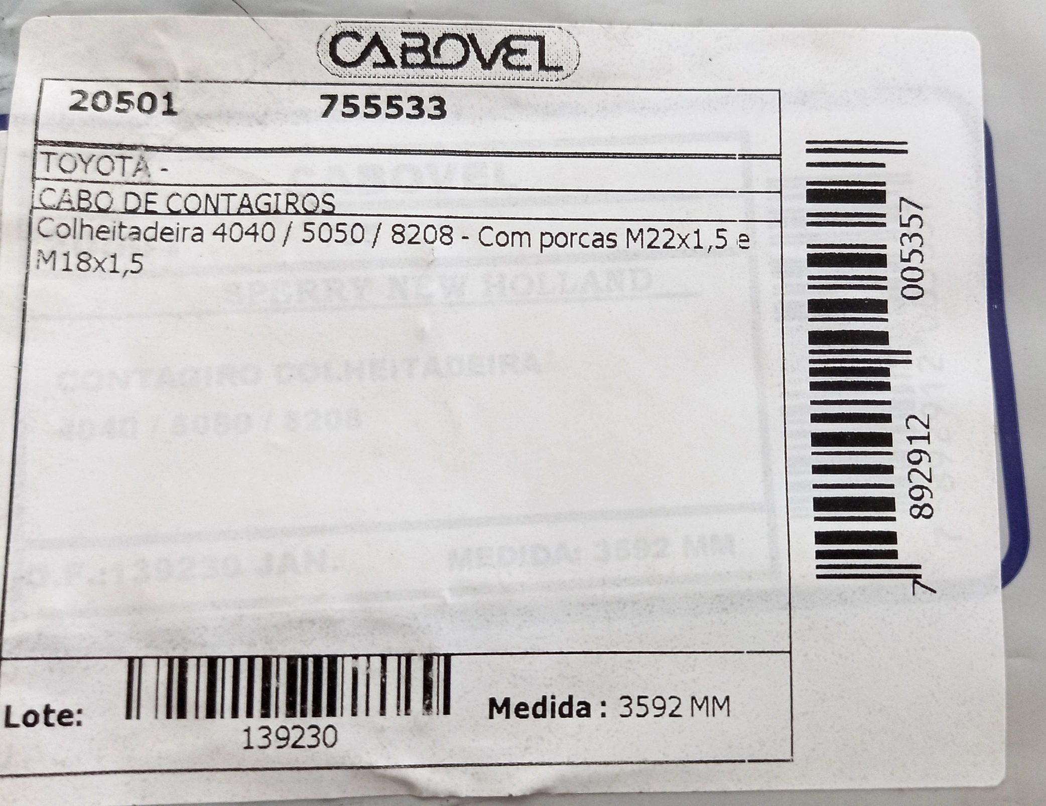 CABO TACÔMETRO/CONTA-GIROS 3592MM NEW HOLLAND COLHEITADEIRA 4040/5050/8208 M22X1,5/M18X1,5