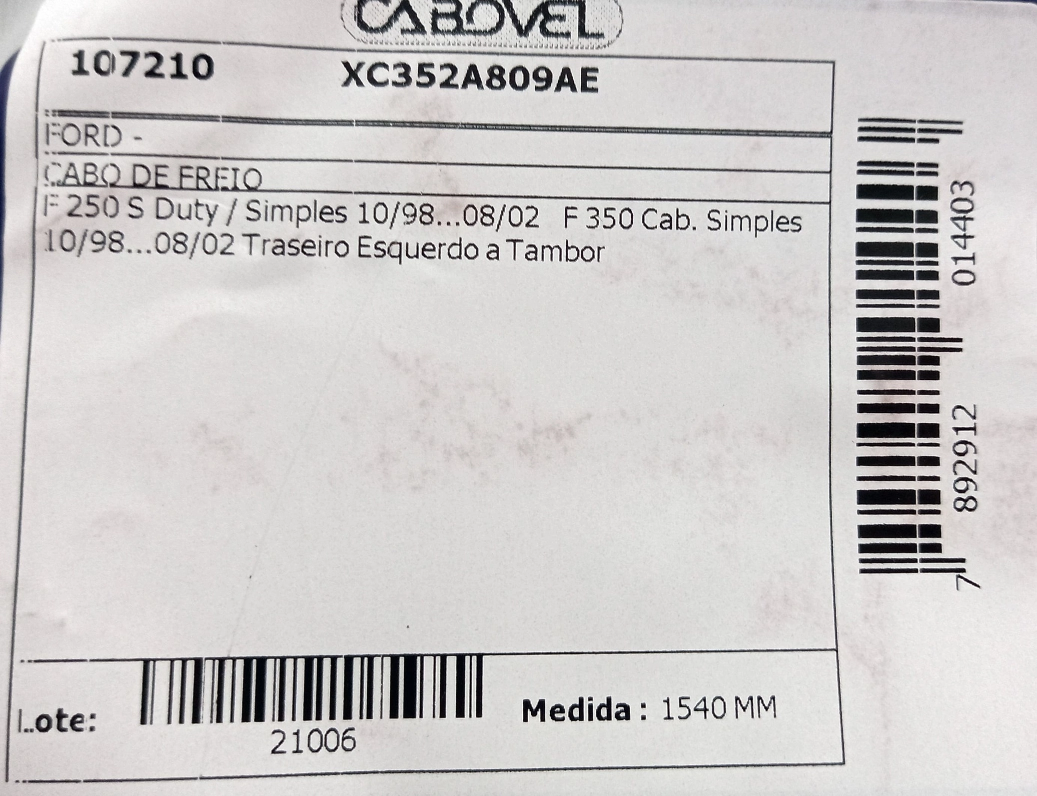 CABO FREIO TRASEIRO ESQUERDO 1540MM FORD F-350 98/08.2002
