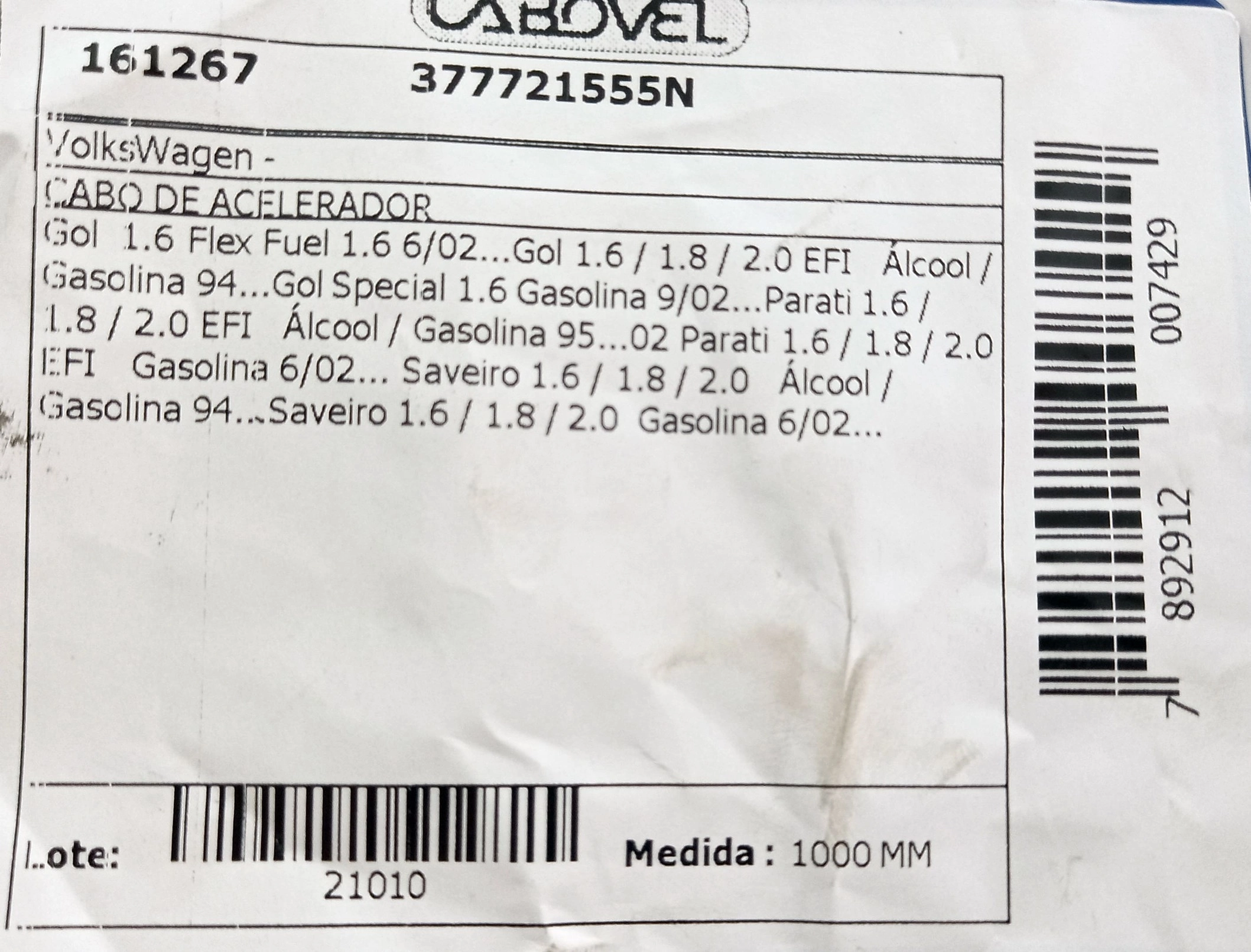CABO ACELERADOR 1000MM VW GOL/PARATI 1.6/1.8/2.0 EFI 94/ GOL/PARATI/SAVEIRO GAS TOTAL FLEX SPECIAL