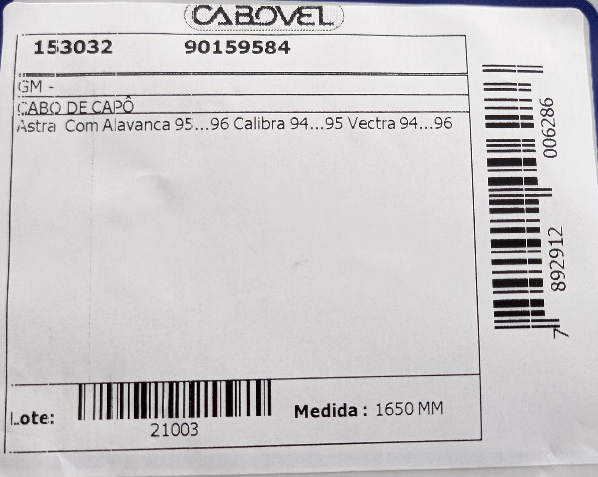 CABO CAPÔ COM ALAVANCA 1650MM CAPO GM ASTRA/CALIBRA 95/96 VECTRA 97/ 1650