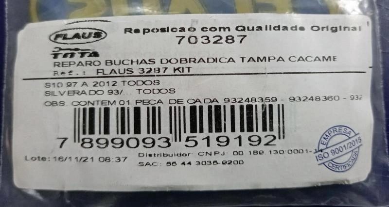 REPARO BUCHAS DOBRADIÇA TAMPA TRASEIRA - GM S-10 97/12 - SILVERADO 93/ - LD/LE