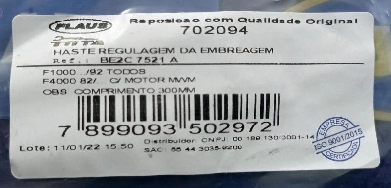 HASTE/VARETA REGULAGEM DA EMBREAGEM F-1000 /92 - F-4000 82/ - MOTOR MWM - COMPRIMENTO 300MM