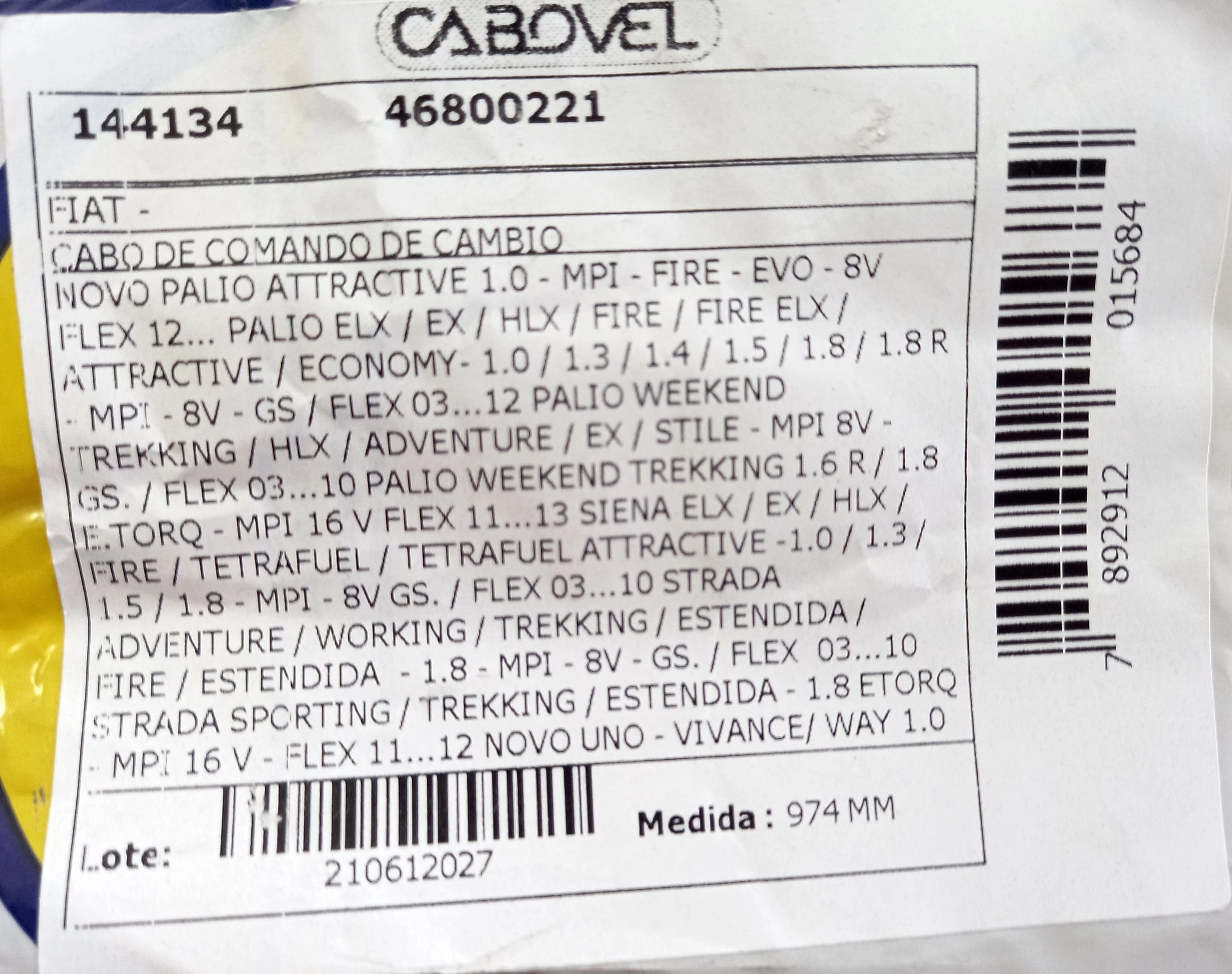 CABO COMANDO/TRAMBULADOR CÂMBIO SELEÇÃO MARCHAS 974MM FIAT PALIO/SIENA/STRADA