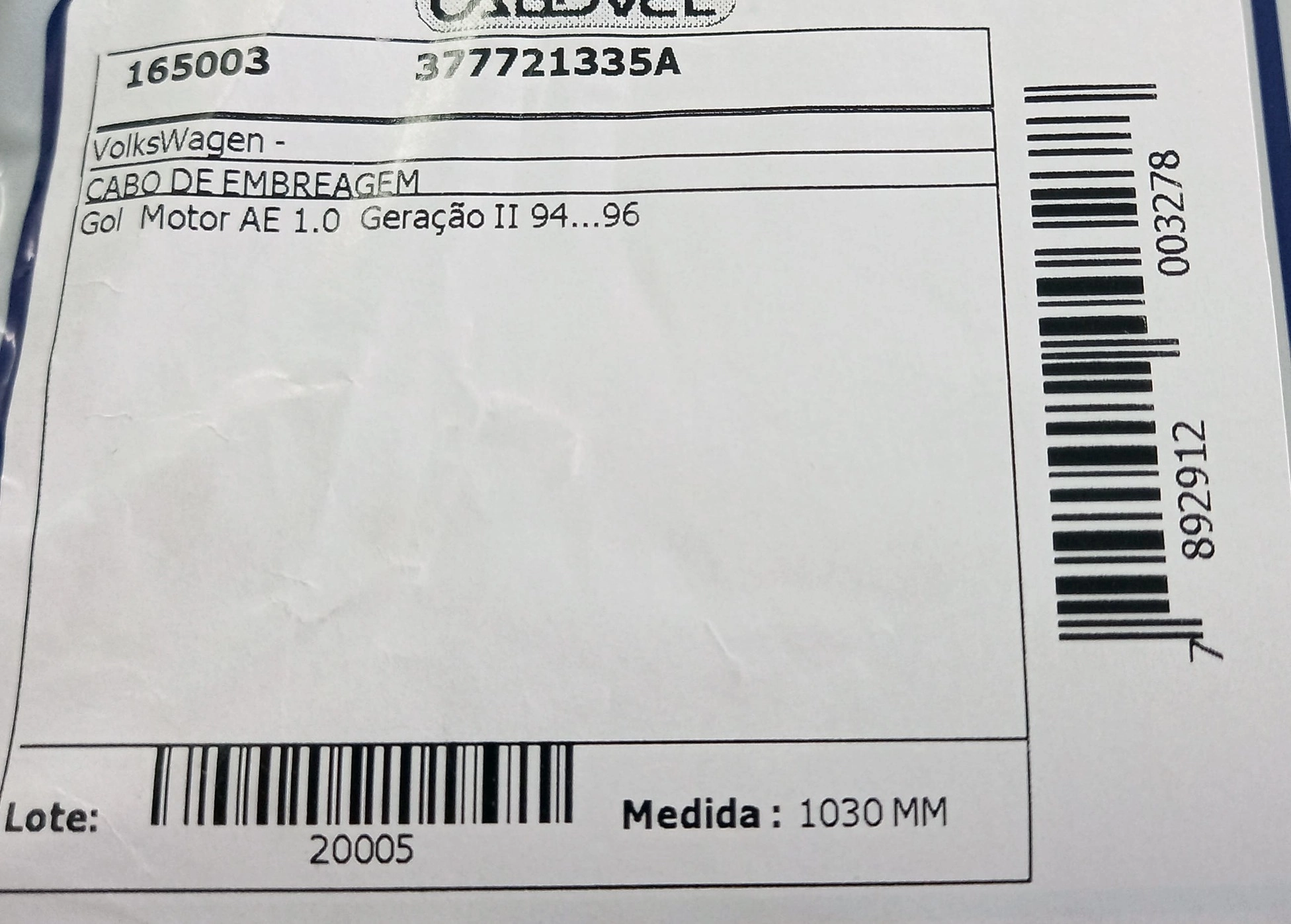 CABO EMBREAGEM 1030MM VW GOL MOTOR AE 1.0 94/96 1030
