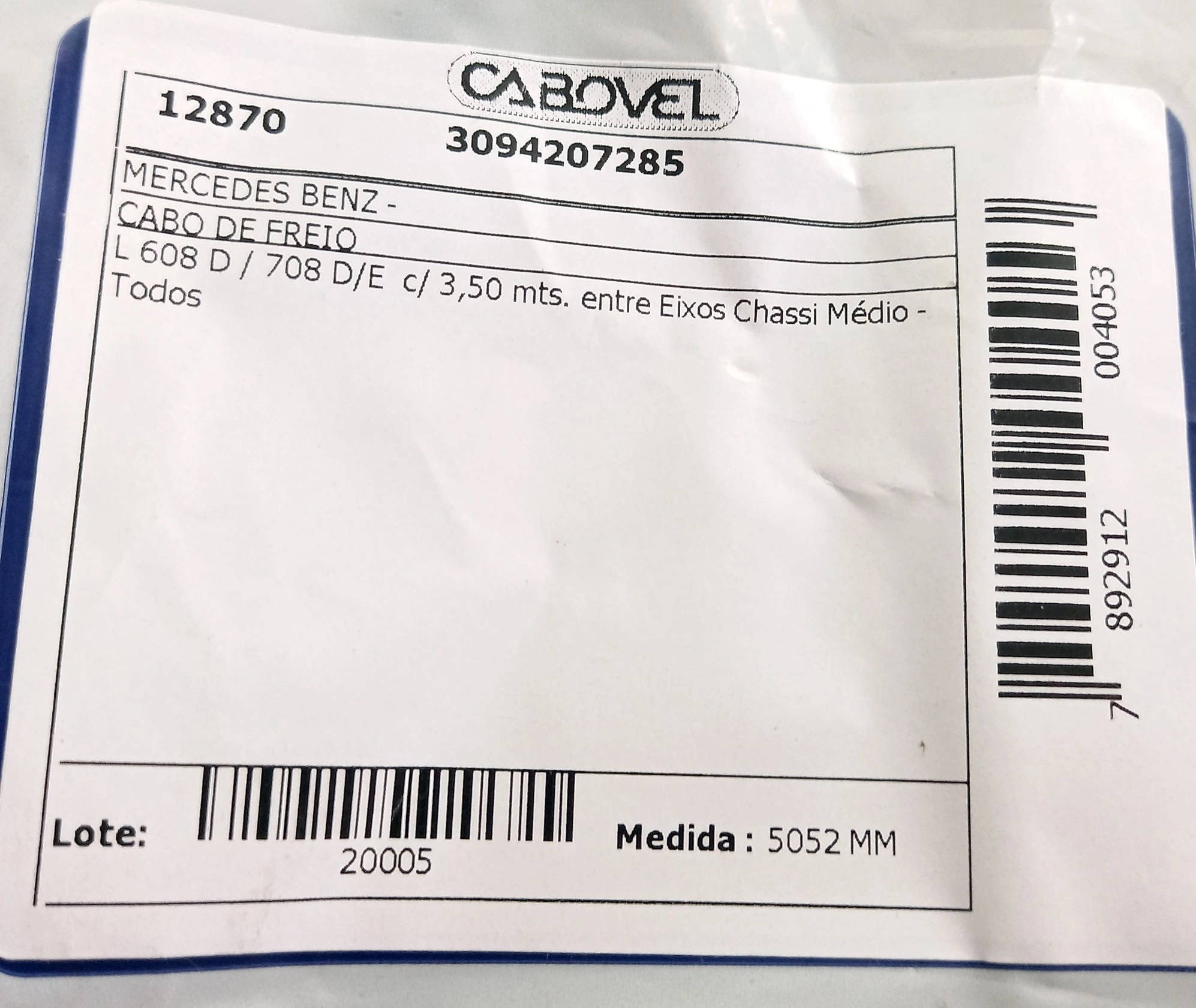 CABO FREIO MB 608 D/708 D/E - C/3.50 MTS. ENTRE EIXOS - CHASSIS MEDIO 5052MM